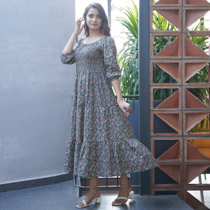 Grey Floral Printed Pure Cotton Dress