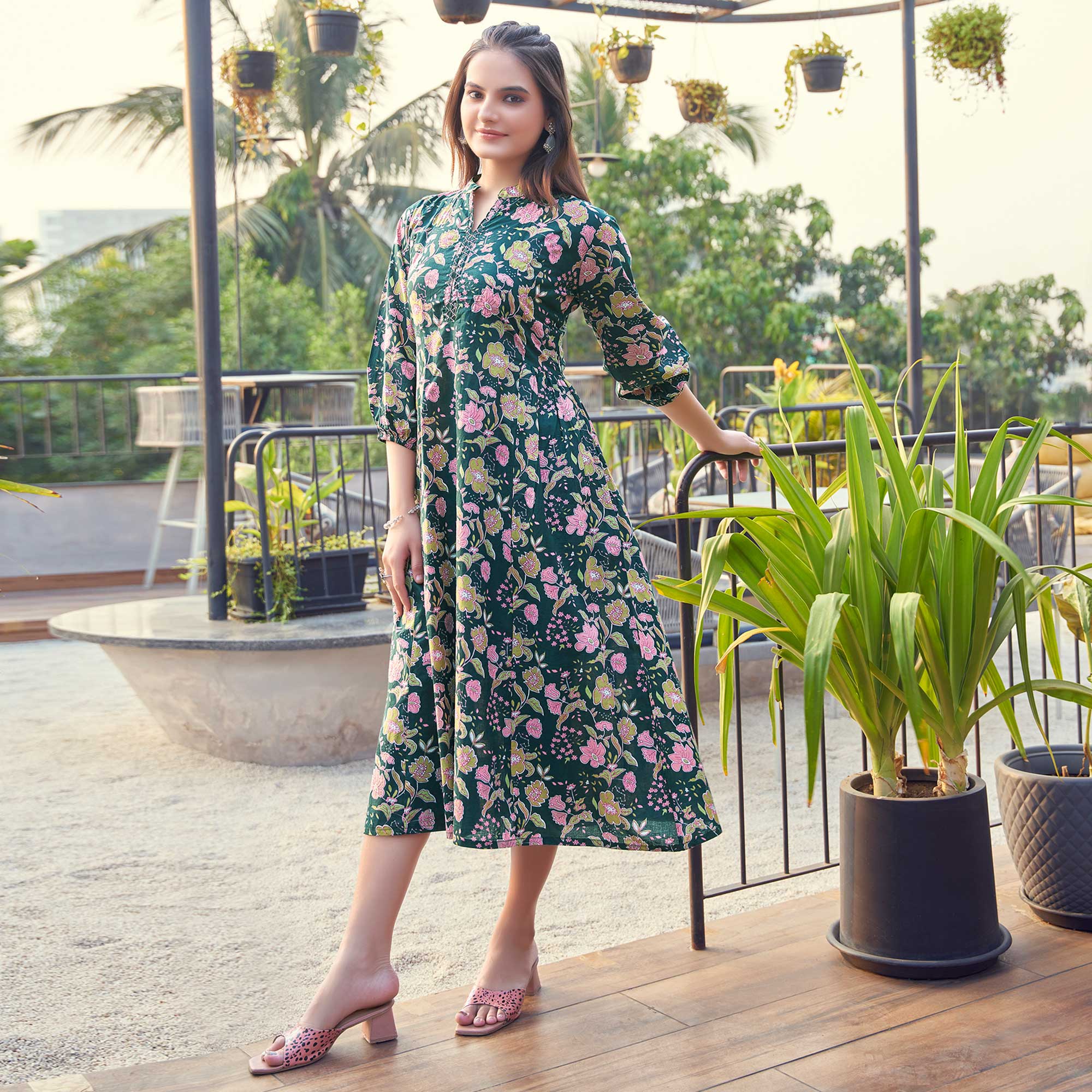 Dark Bottle Green Floral Printed Pure Cotton Dress
