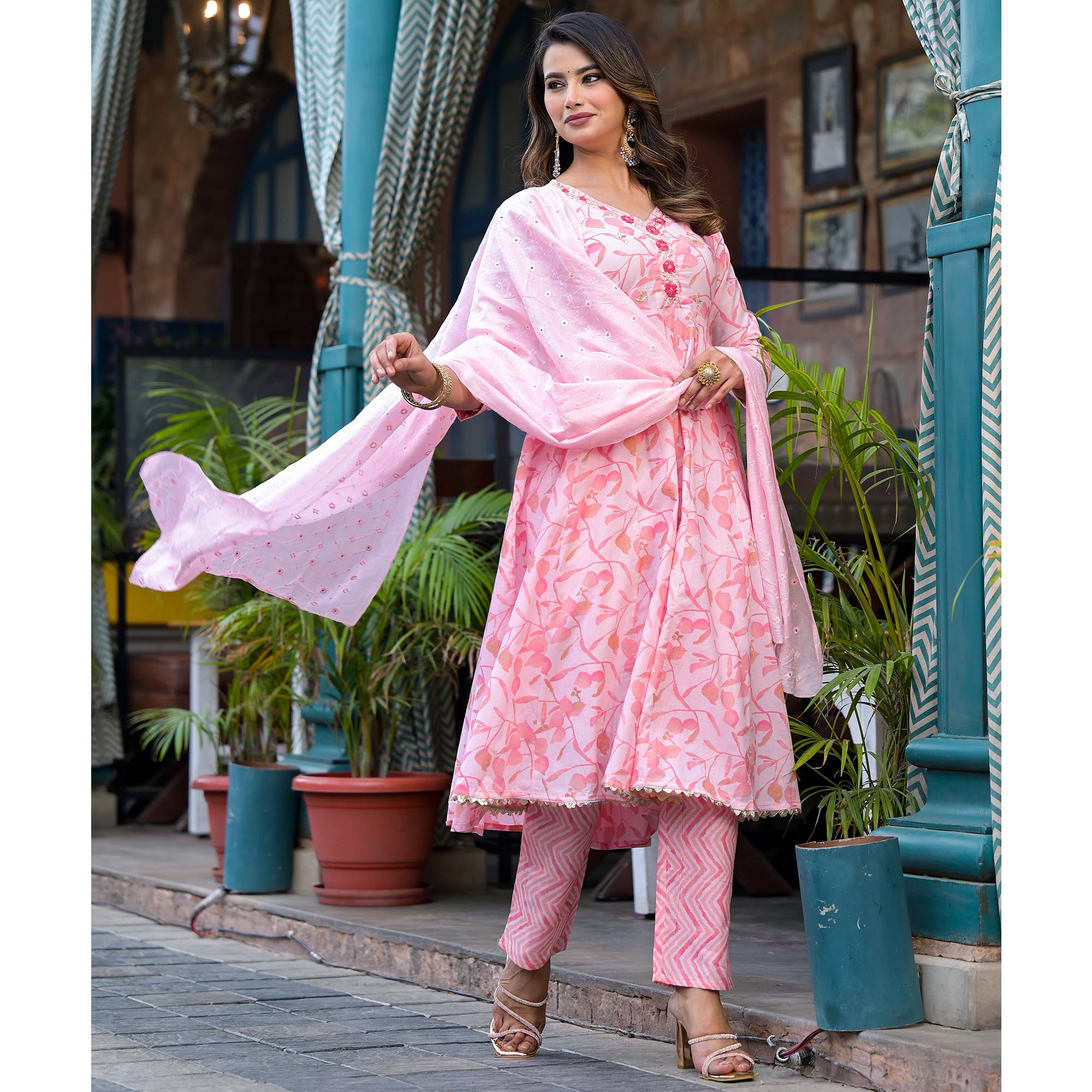 Peach Printed Pure Cotton A-Line Salwar Suit