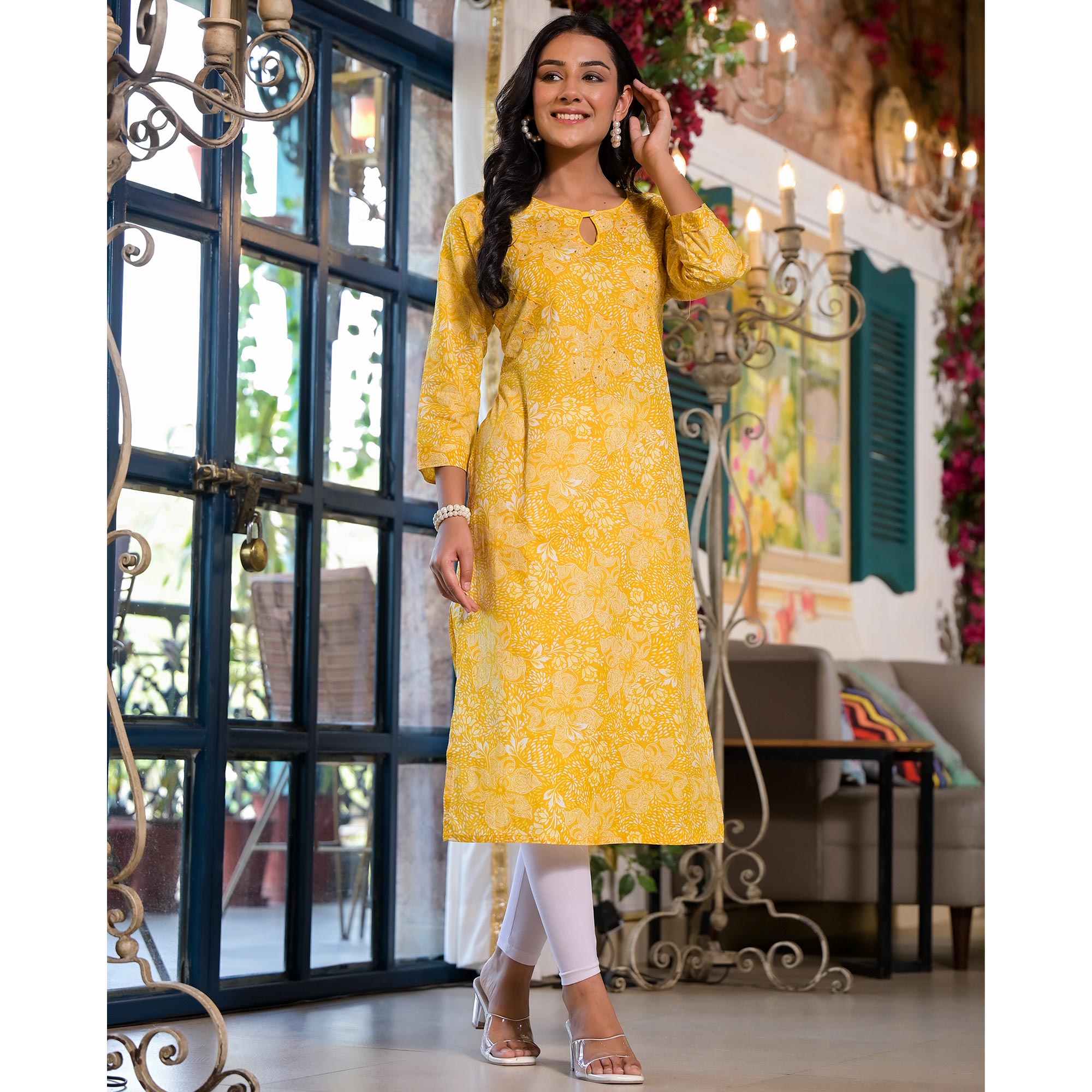 Yellow Floral Printed Pure Cotton Straight Kurti