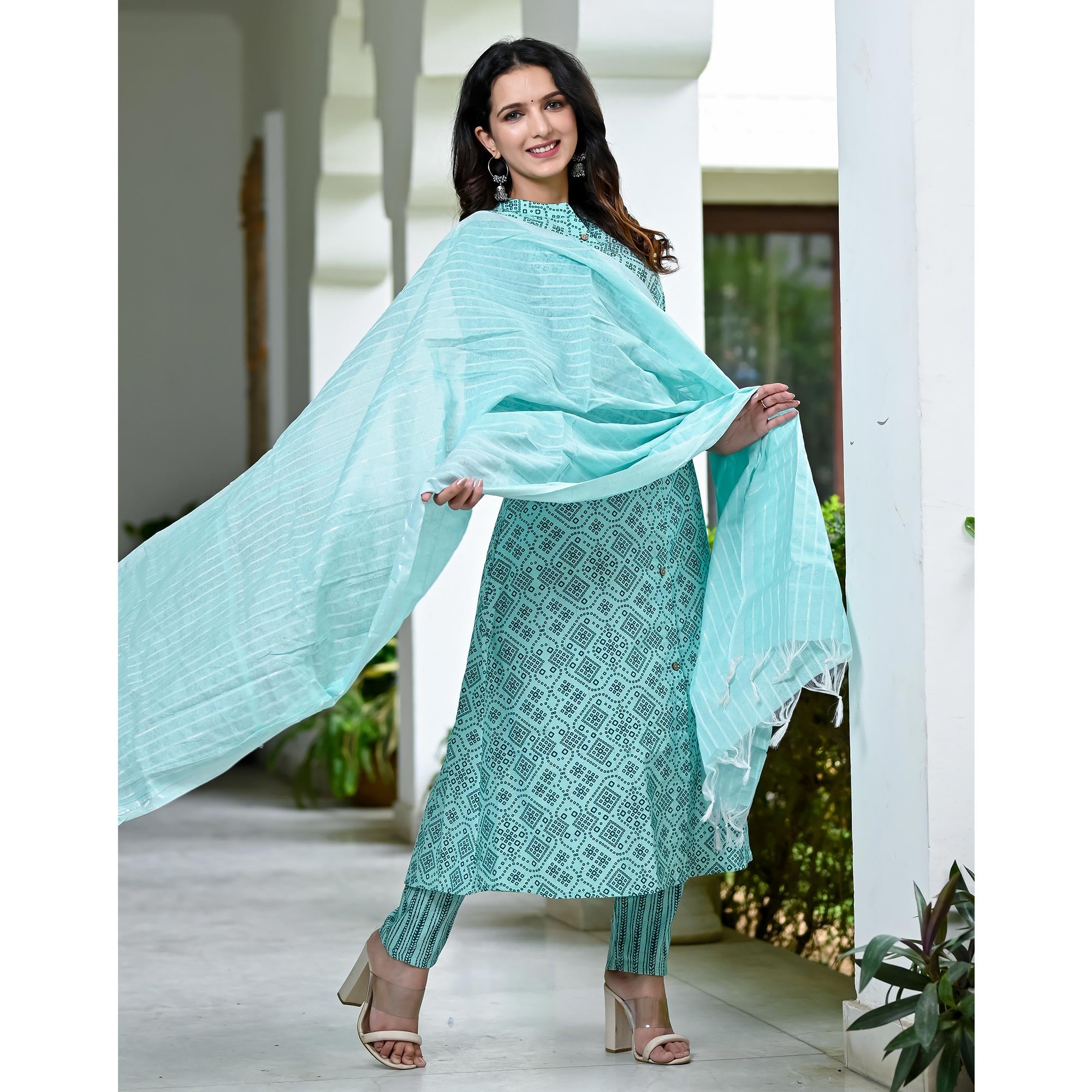 Turquoise Bandhani Printed Pure Cotton A Line Suit