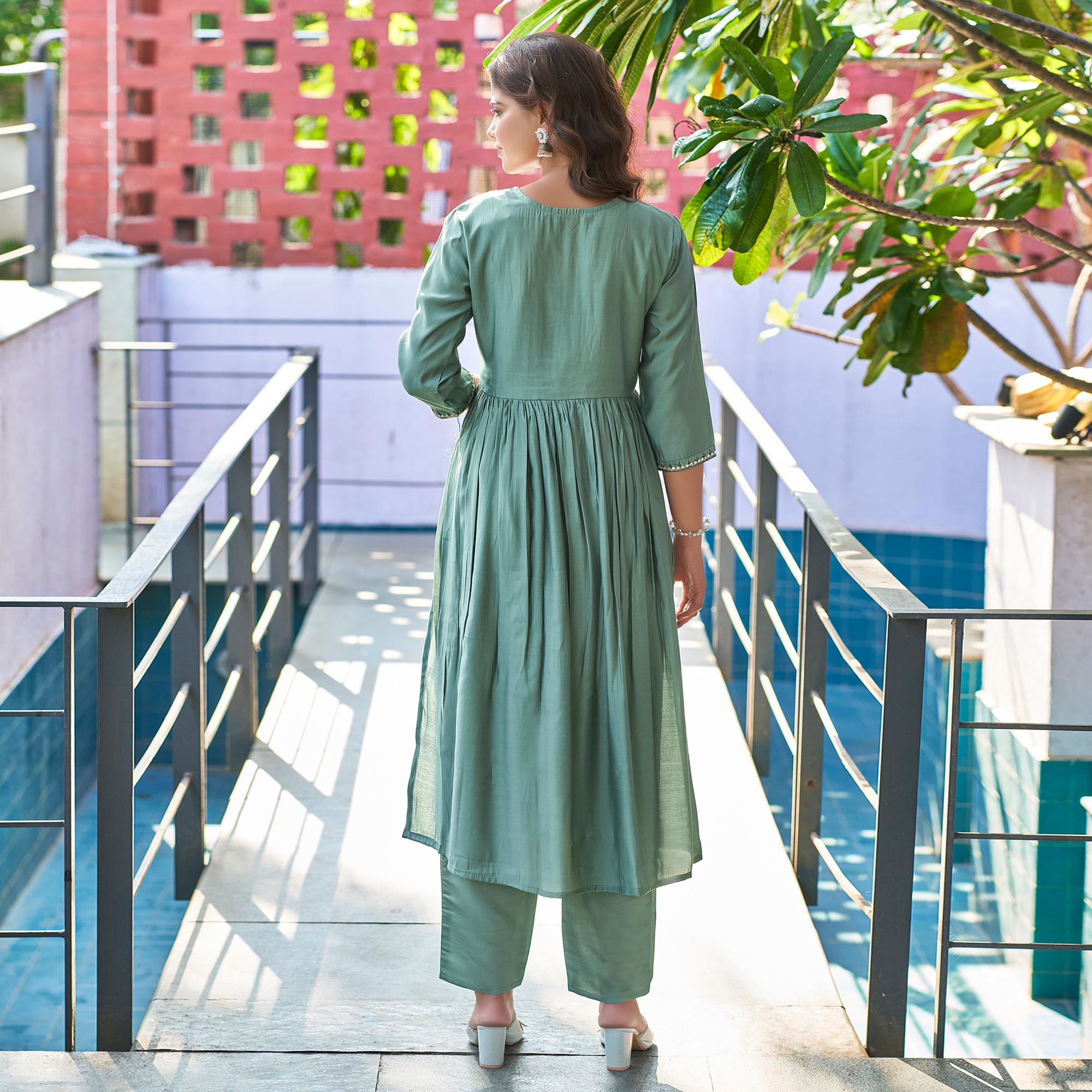 Green Floral Embroidered Pure Silk Suit