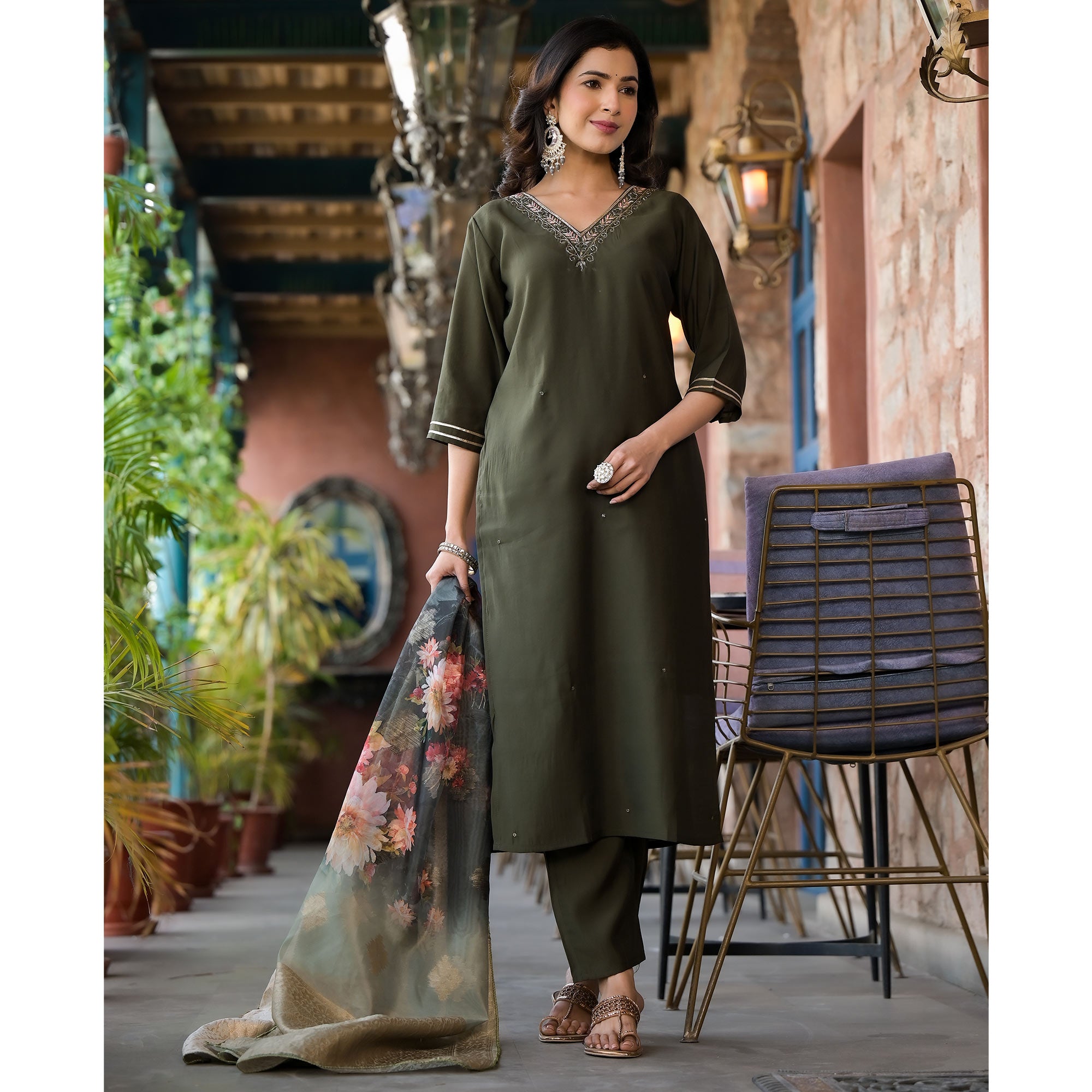 Olive Green Embroidered Pure Silk Salwar Suit With Handcrafted