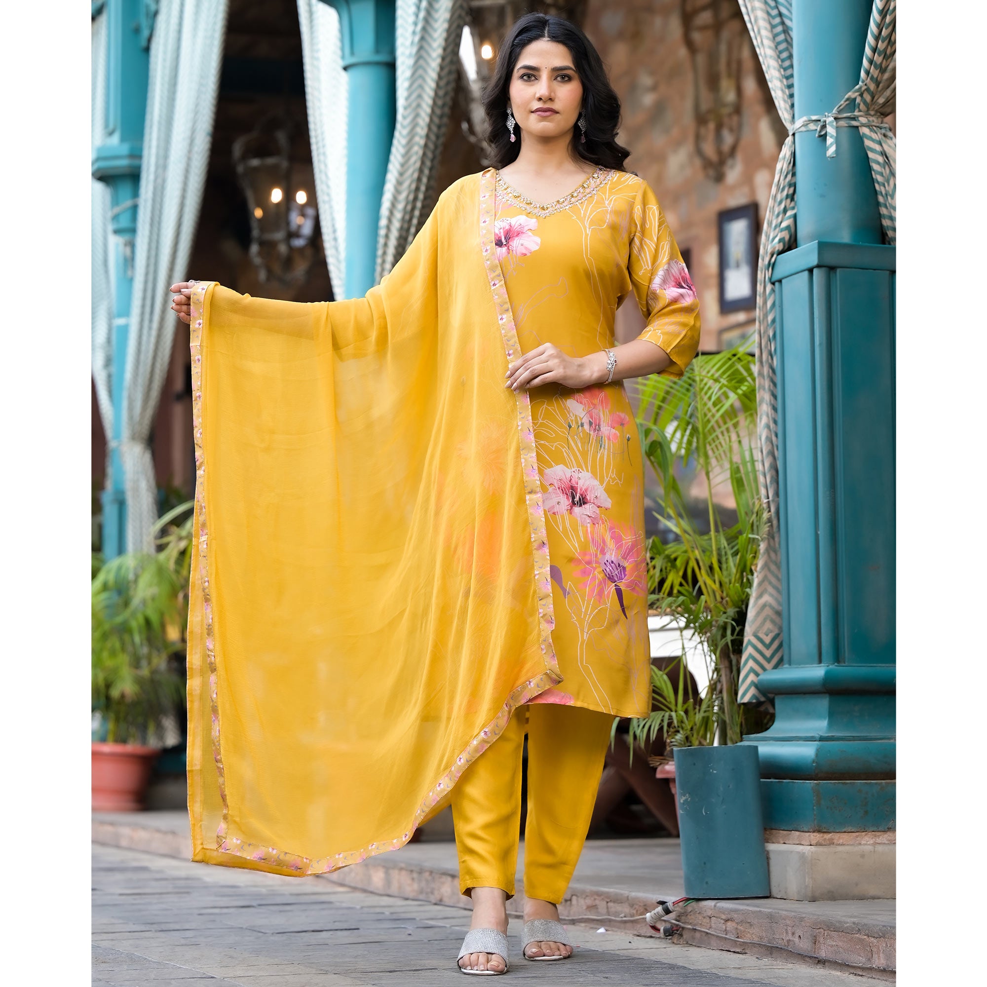 Mustard Floral Printed Viscose Salwar Suit With Beads Work