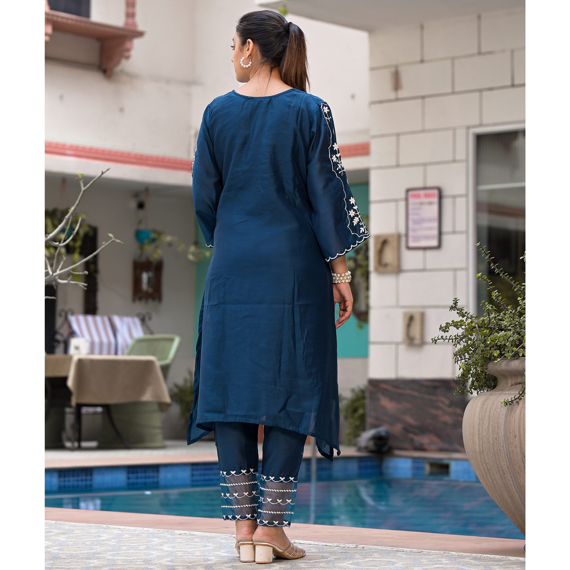 Blue Floral Embroidered Chanderi Silk Kurti Sets