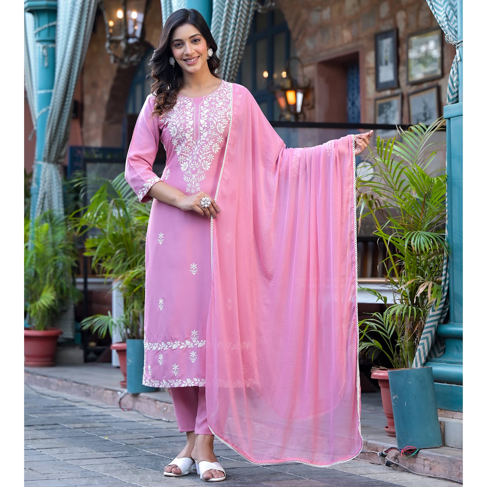 Pink Lucknowi Embroidered Rayon Salwar Suit