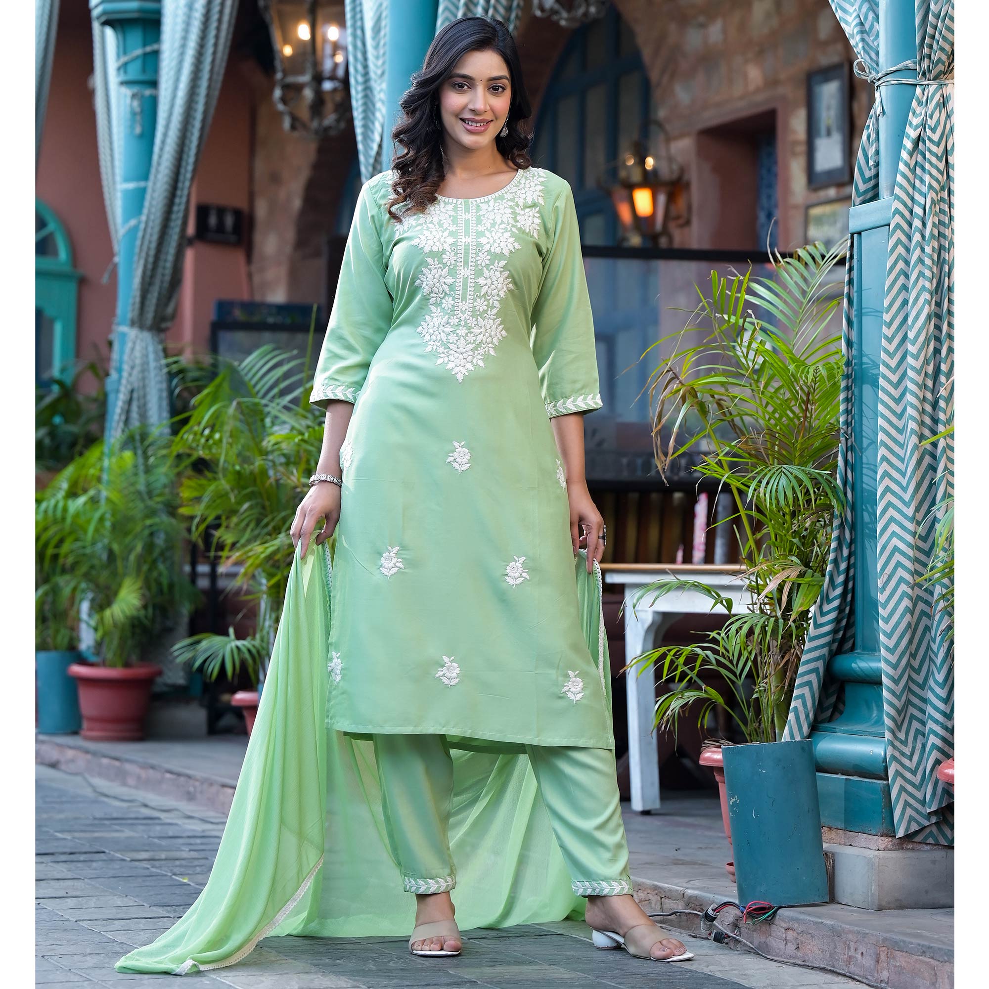 Pista Green Lucknowi Embroidered Rayon Salwar Suit