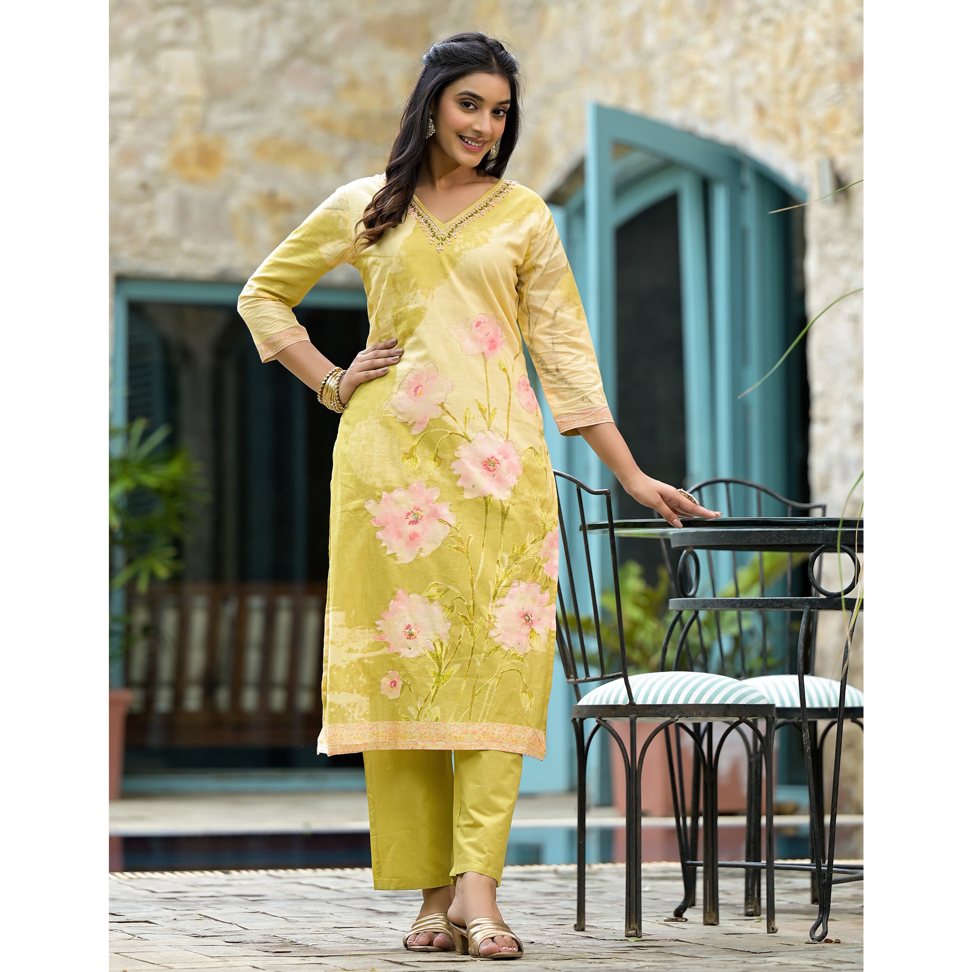 Olive Floral Embroidered With Printed Cambric Cotton Salwar Suit