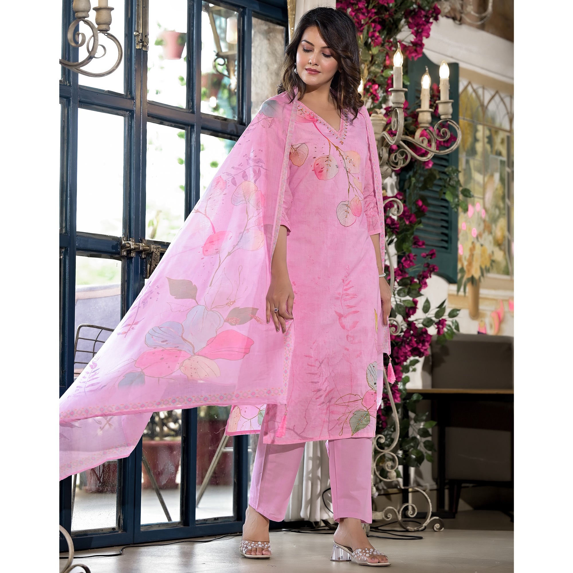 Pink Floral Printed With Embroidered Cambric Cotton Salwar Suit