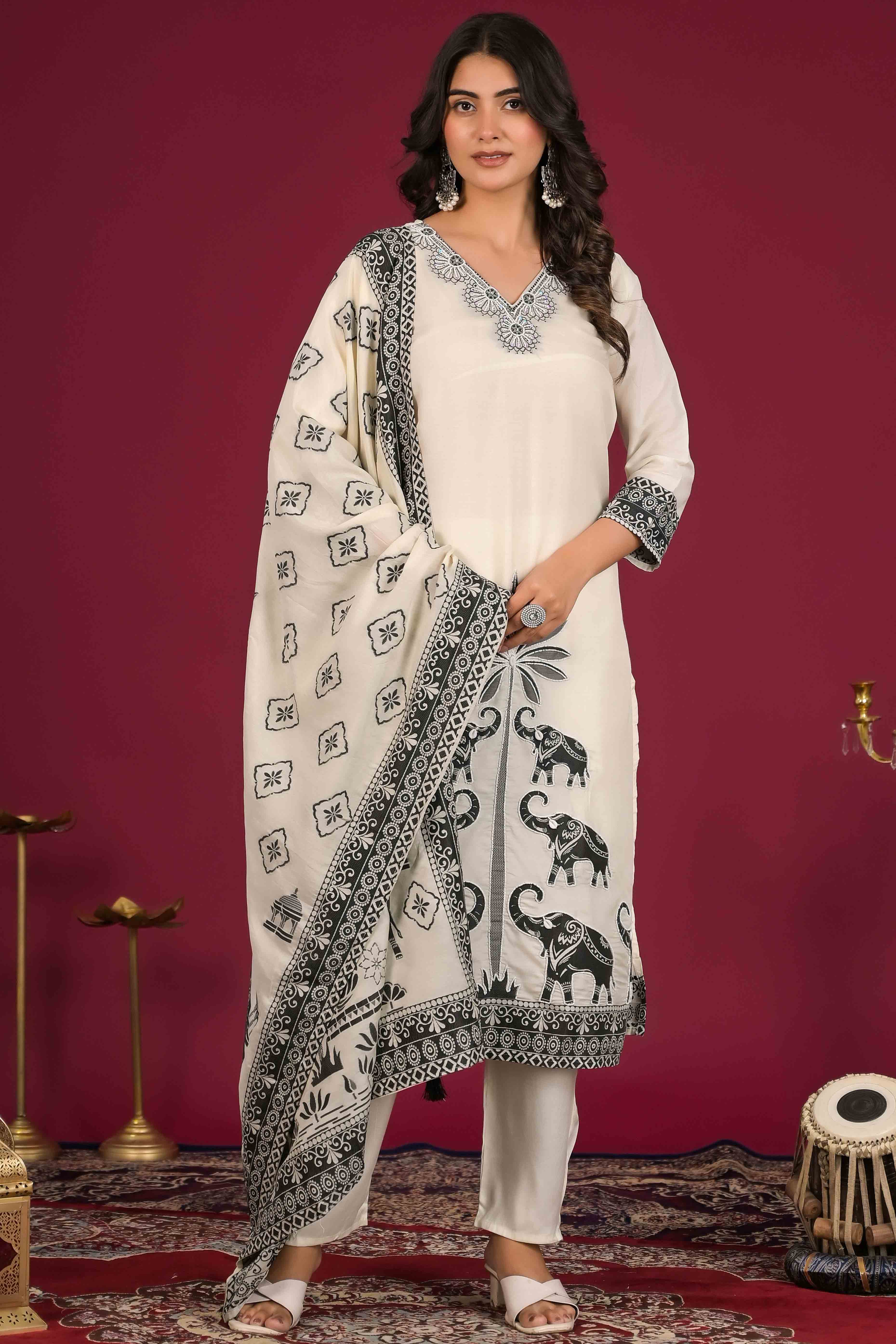 Off White Woven Muslin Salwar Suit With Beads Work
