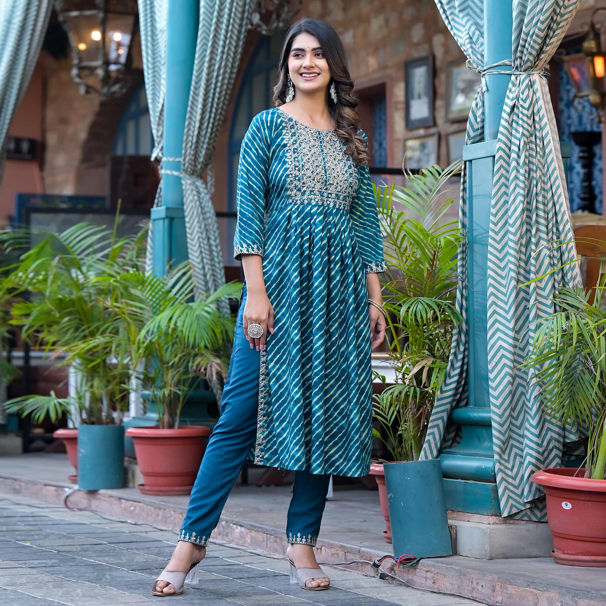 Blue Leheriya Printed Naira Cut Rayon Salwar Suit