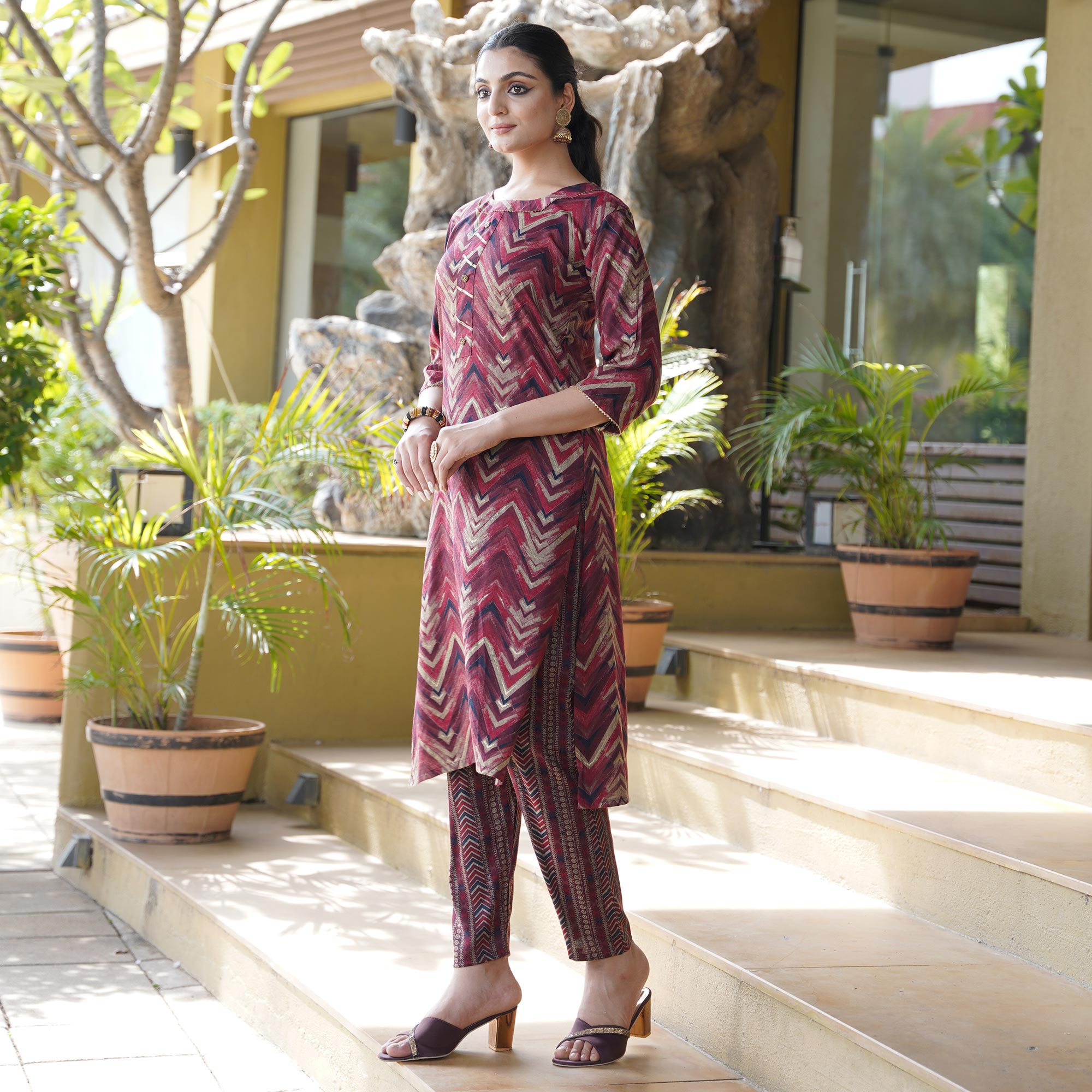 Red Foil Printed Rayon Suit