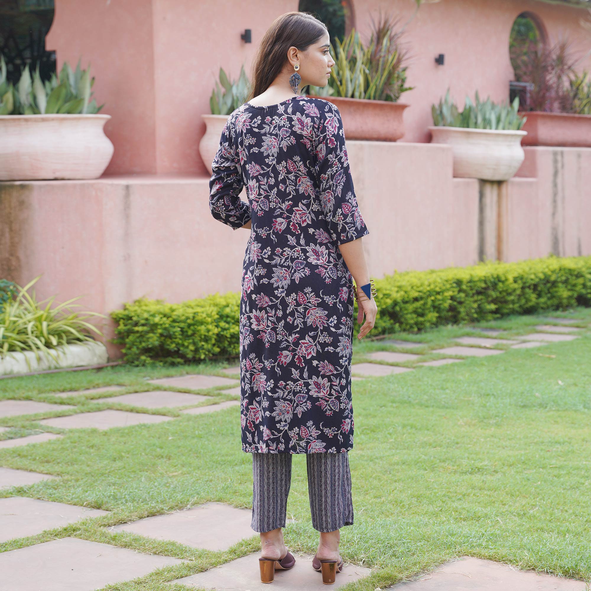 Navy Blue Floral Foil Printed Rayon Suit