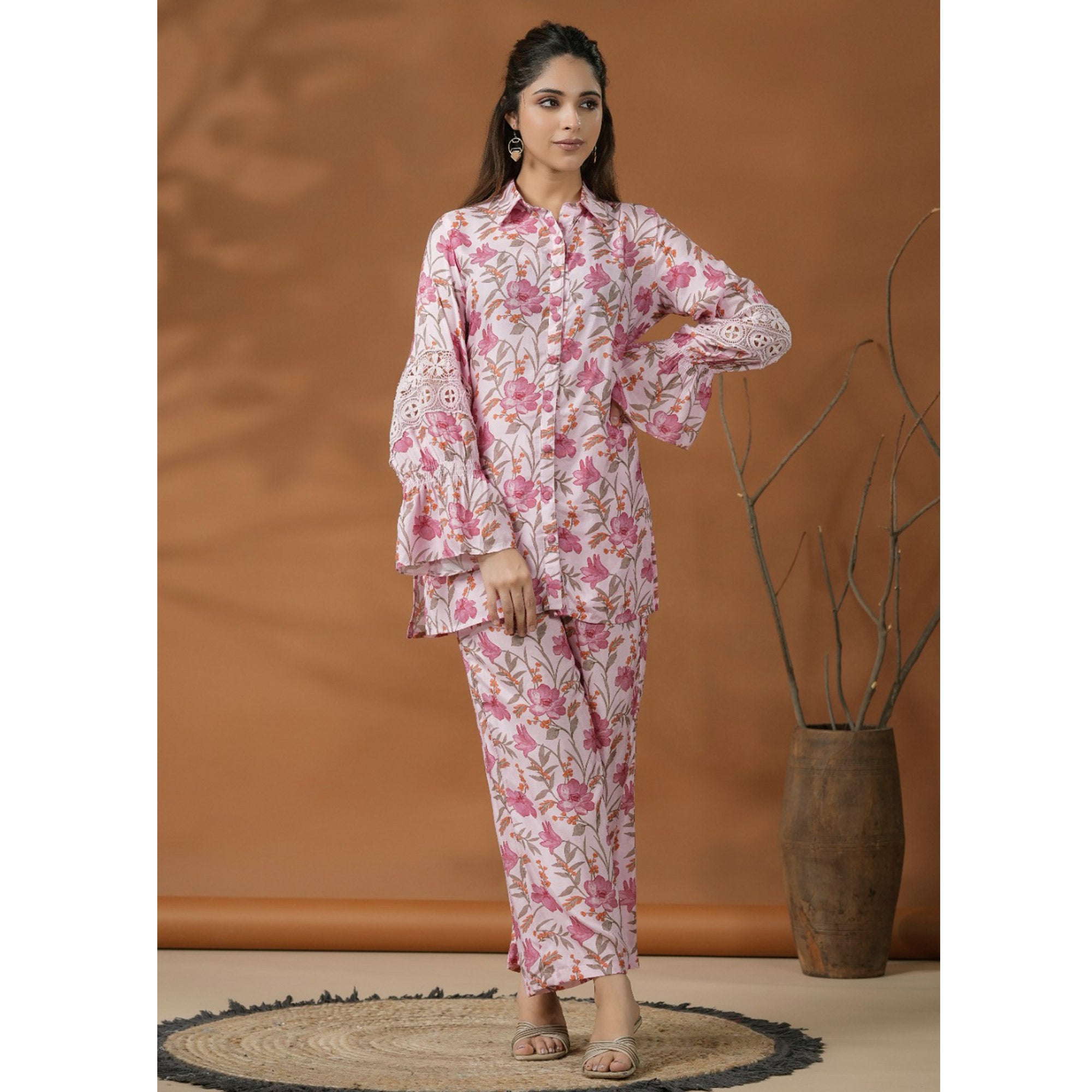 Pink Floral Printed Muslin Co Ord Set