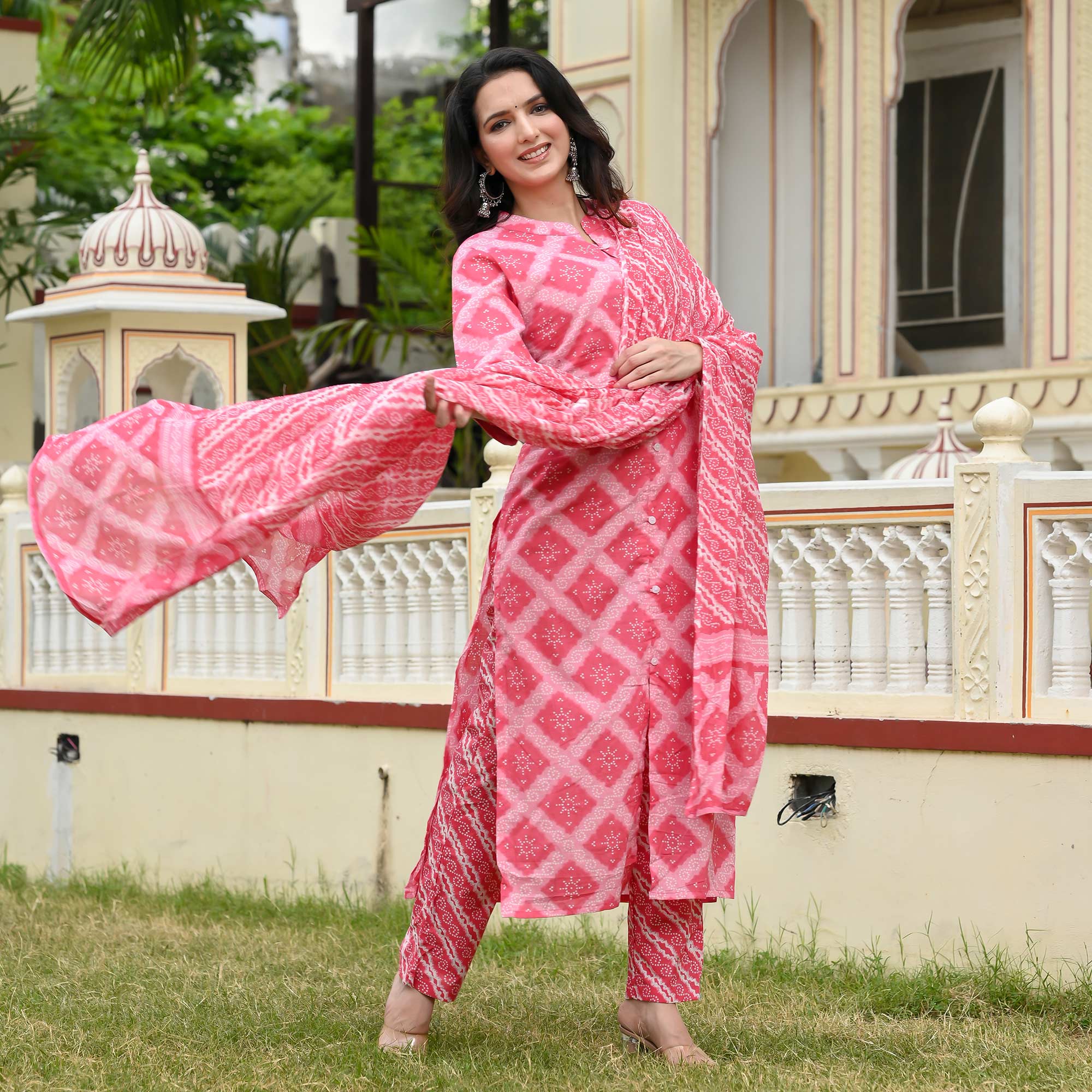 Pink Geometric Printed Pure Cotton Suit
