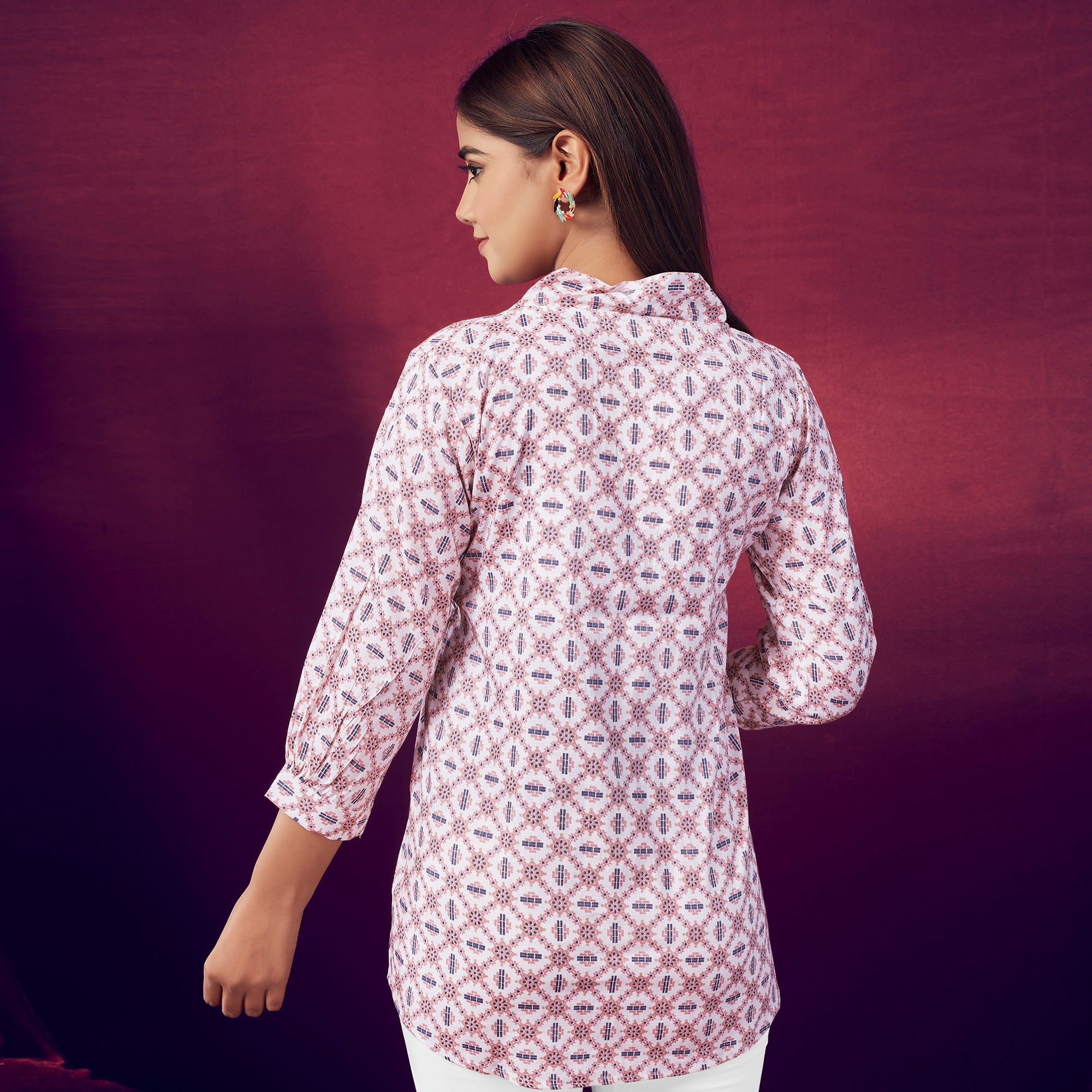 White & Peach Printed V-Neck Rayon Top