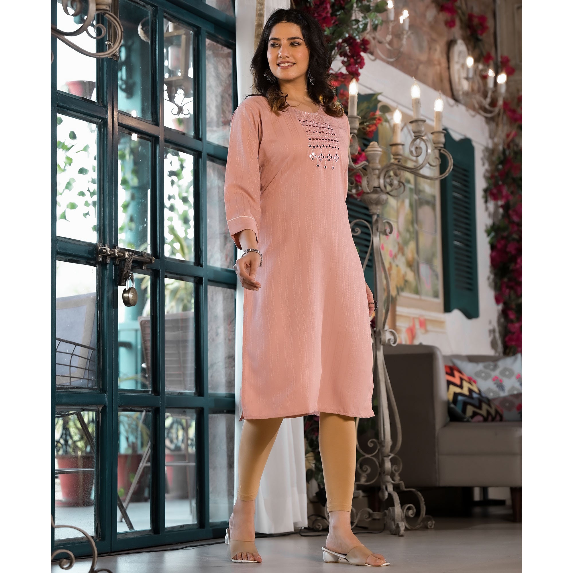 Peach Striped Embroidered Rayon Straight Kurti