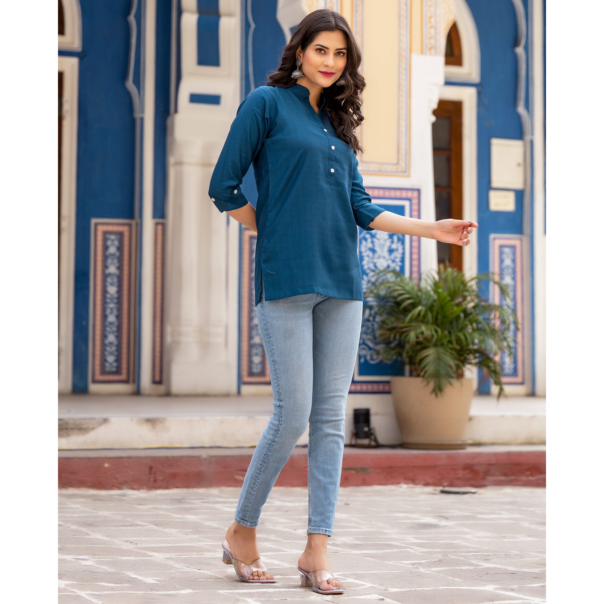 Blue Solid Cotton Silk Straight Top
