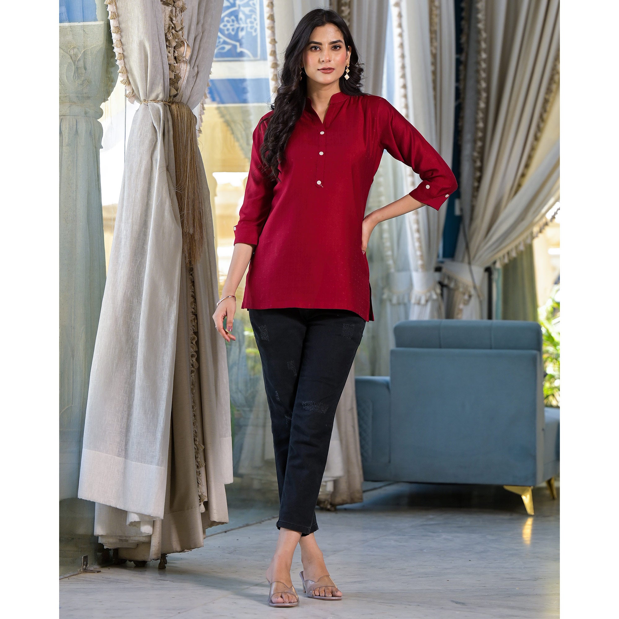 Maroon Solid Cotton Silk Straight Top