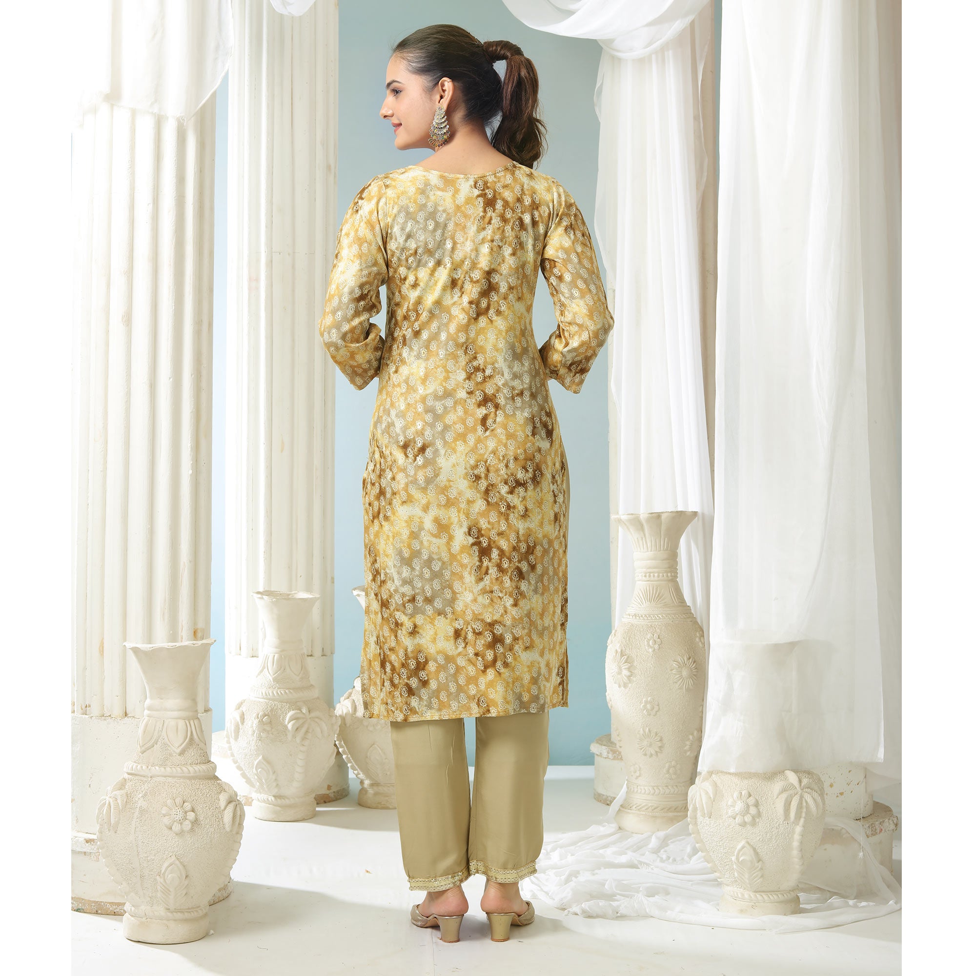 Cream Paisley Foil Printed Rayon Suit