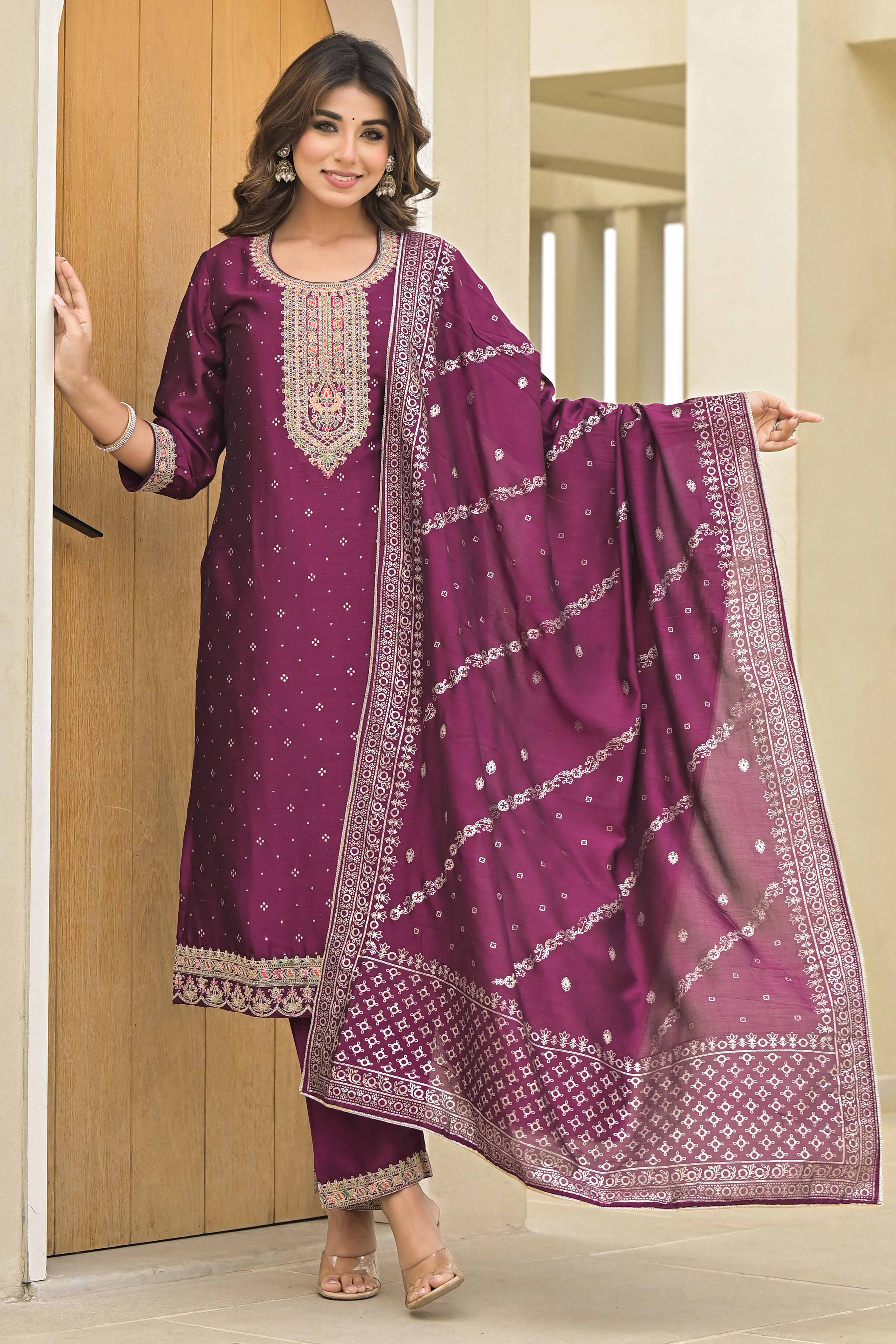 Dark Purple Golden Embroidered Vichitra Silk Salwar Suit