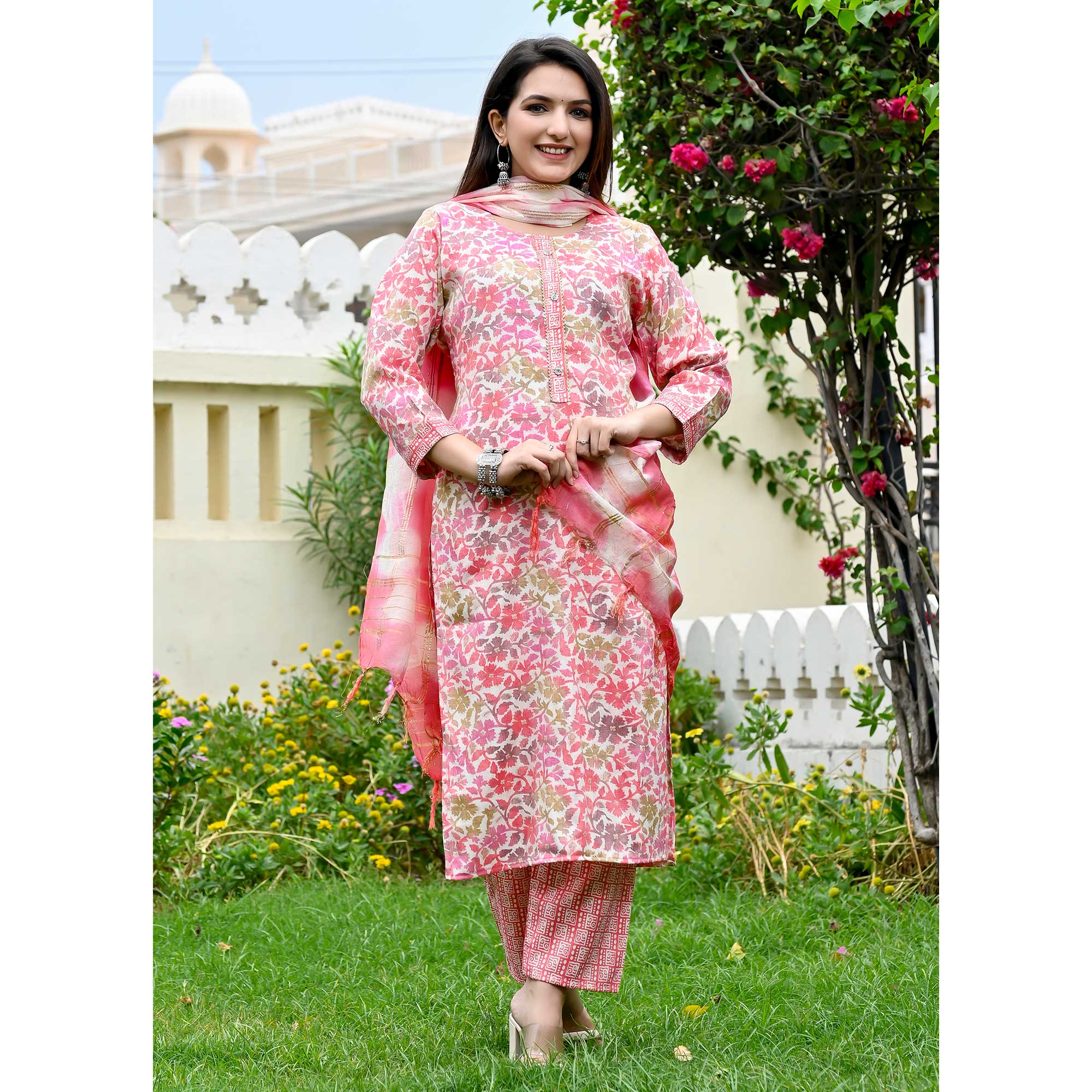 Pink Floral Printed Rayon Salwar Suit