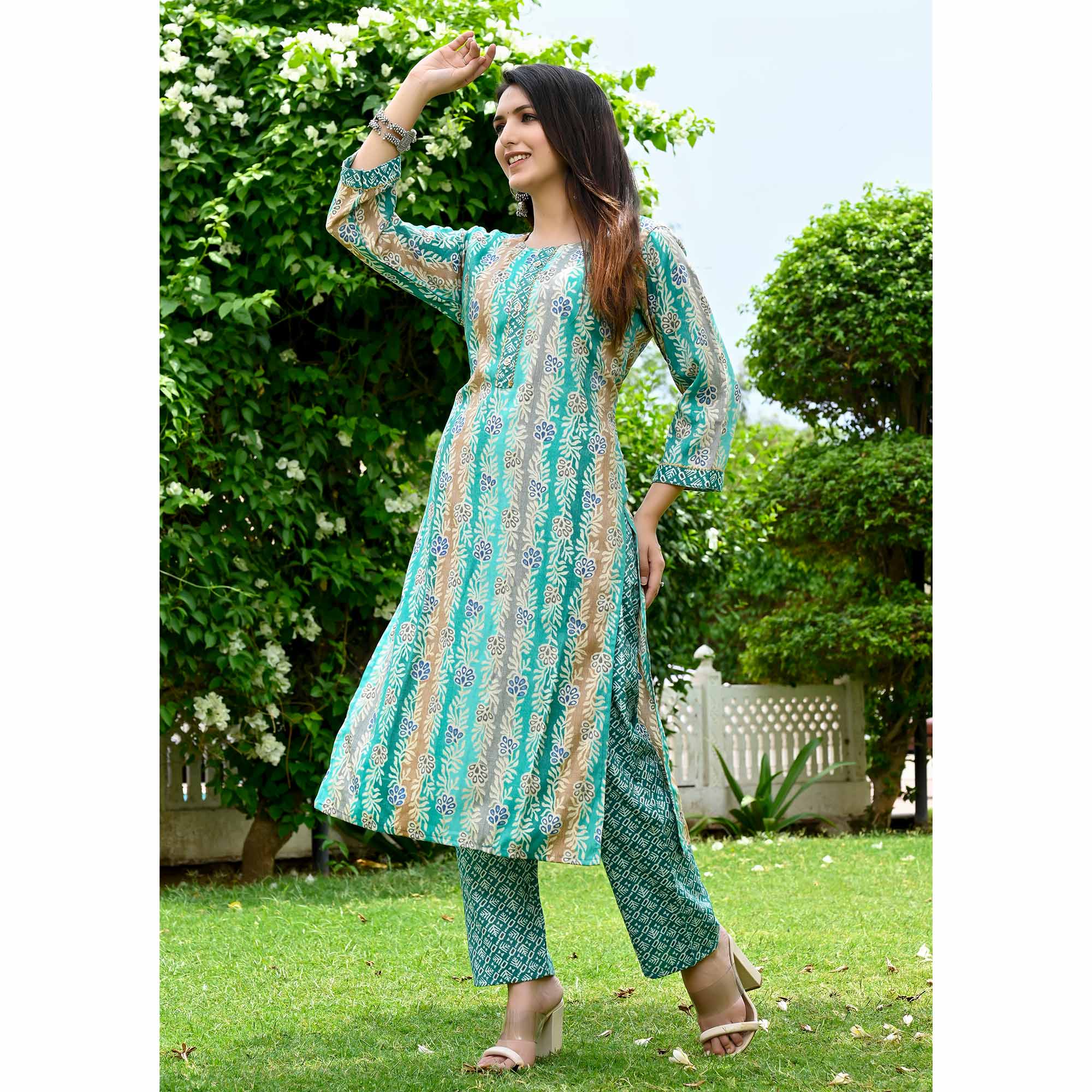 Turquoise Floral Printed Rayon Salwar Suit