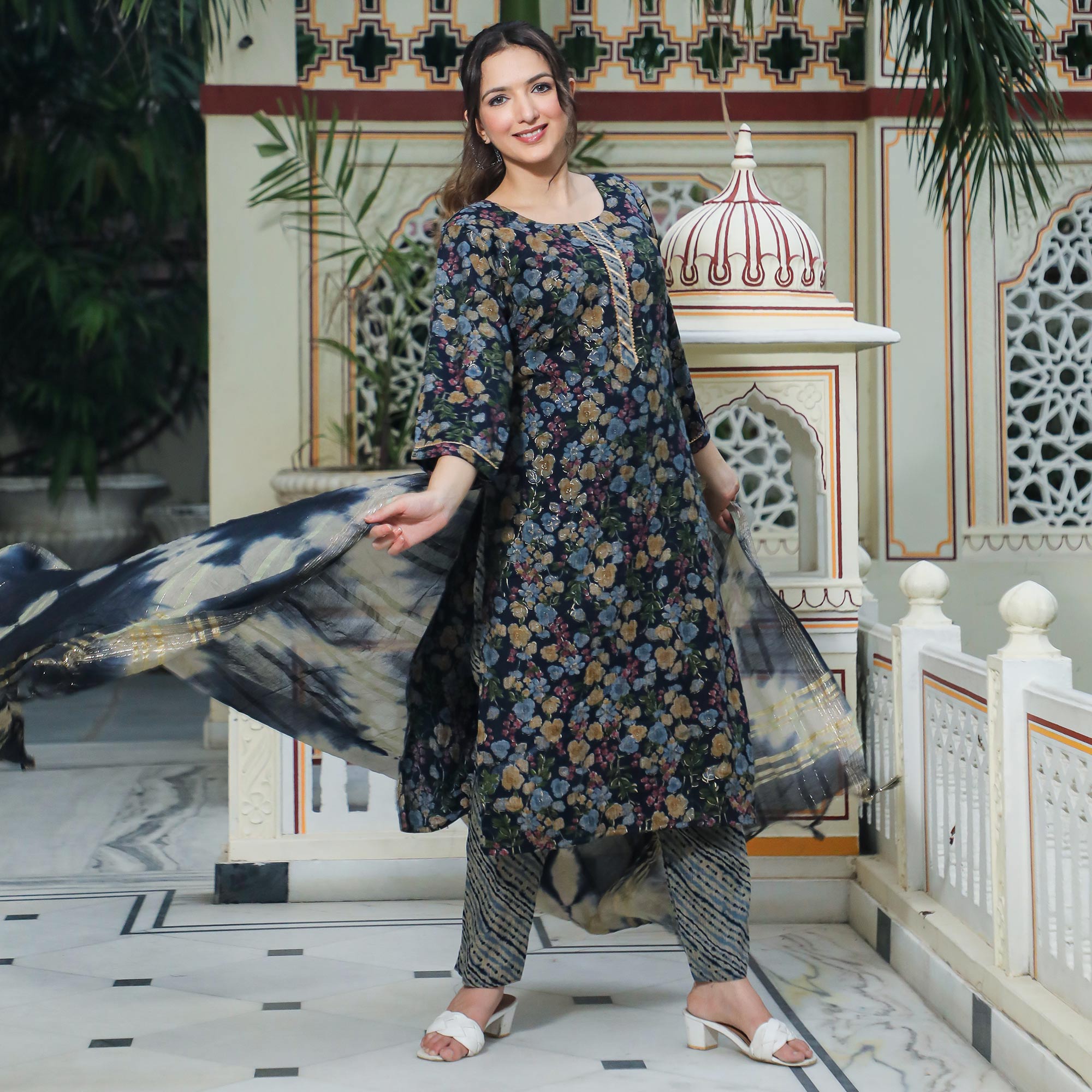 Navy Blue Foil Printed Rayon Suit