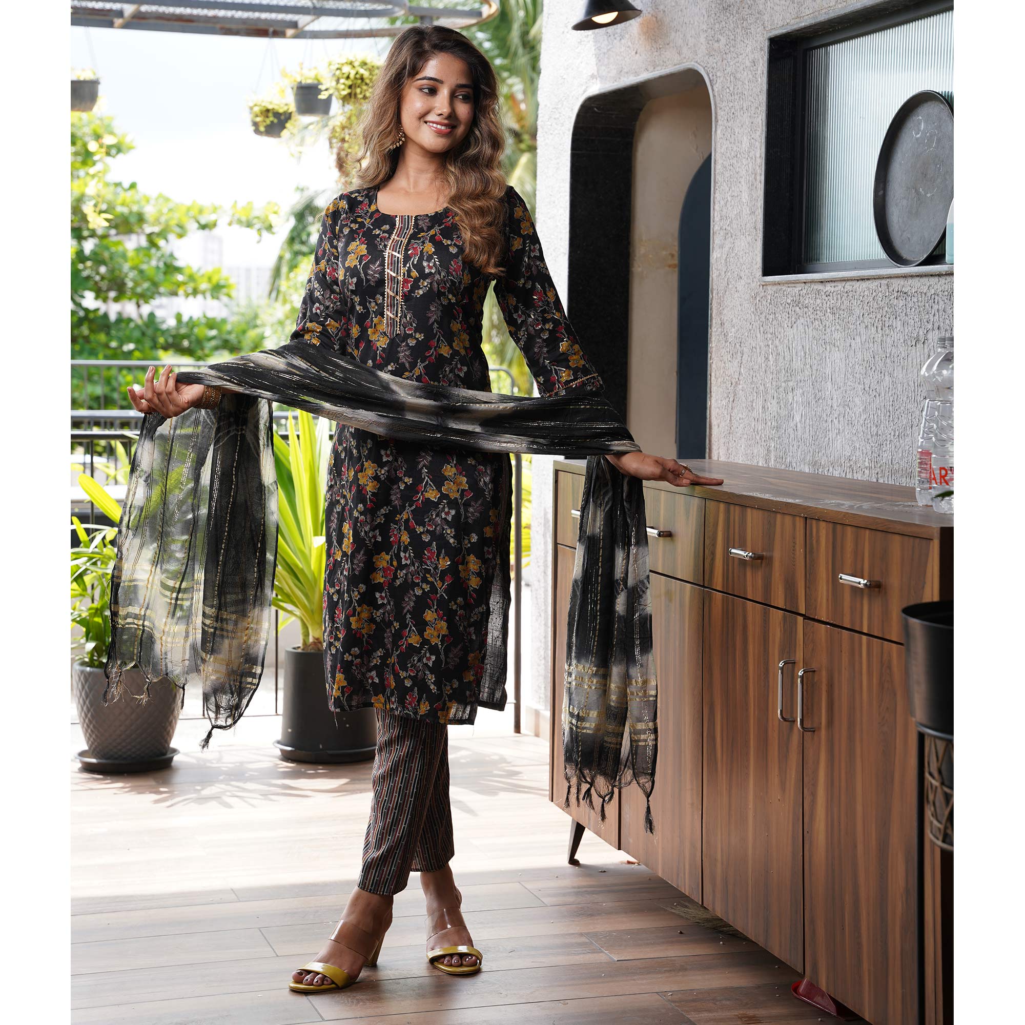 Black Floral Foil Printed Rayon Salwar Suit