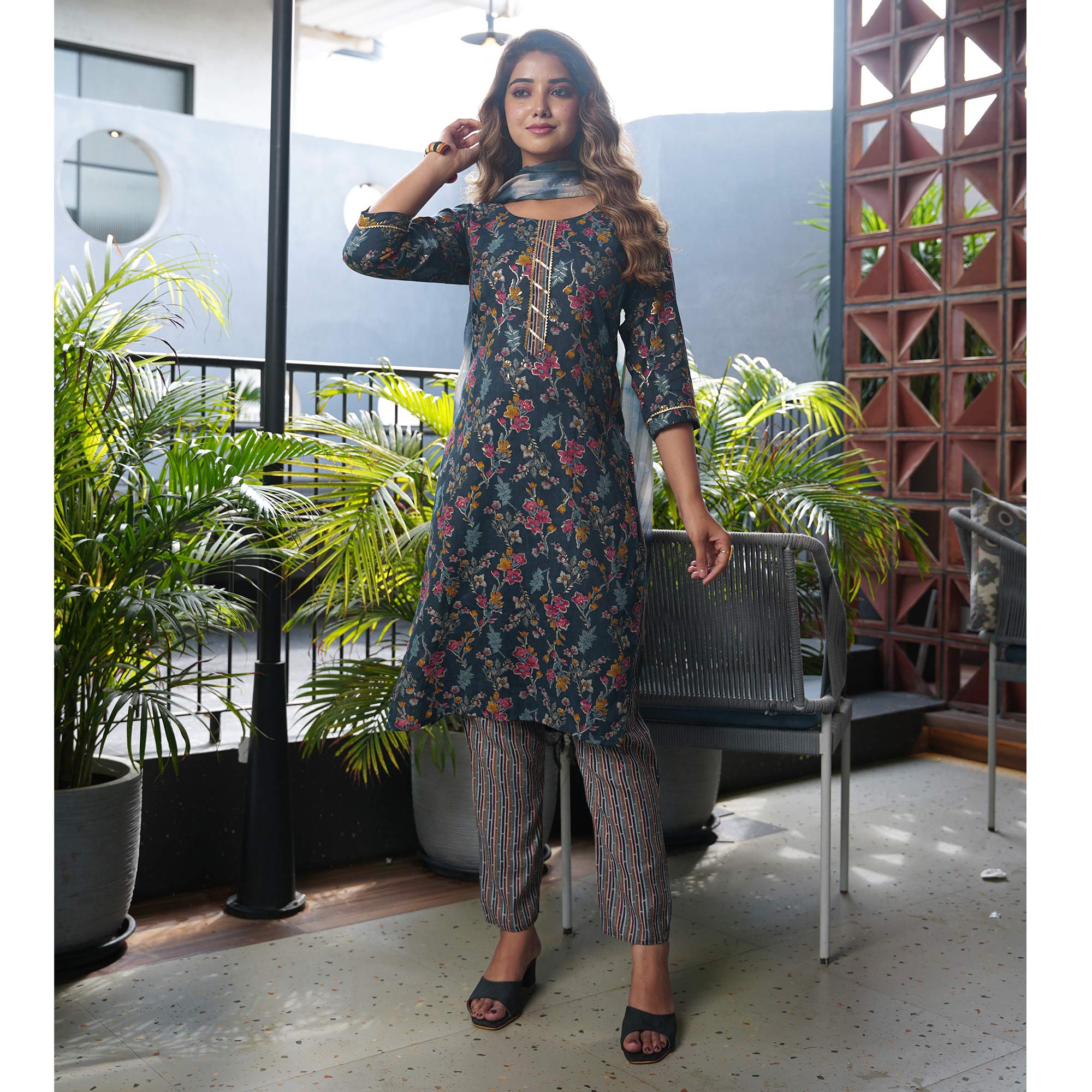 Blue Floral Foil Printed Rayon Salwar Suit