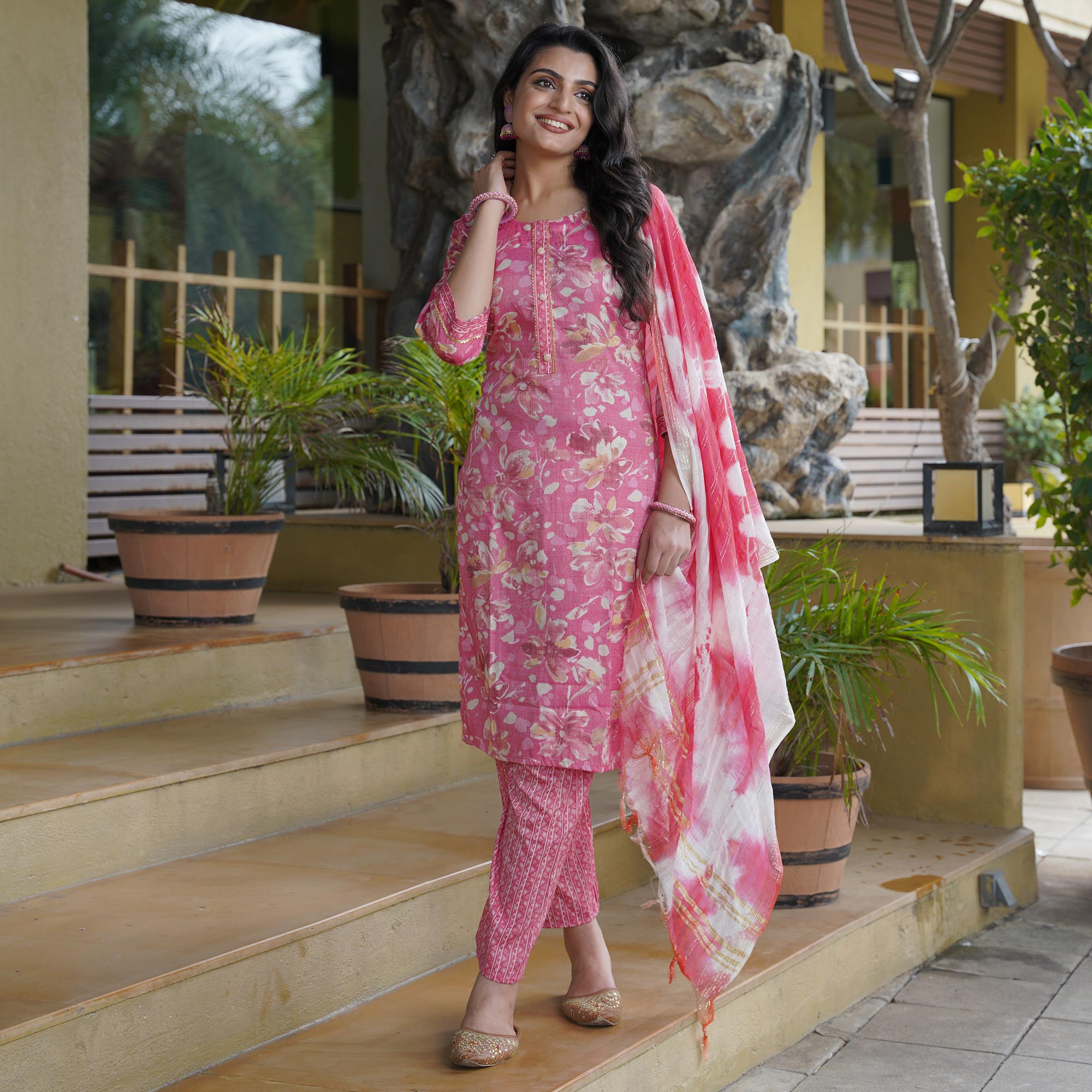 Pink Foil Printed Rayon Suit
