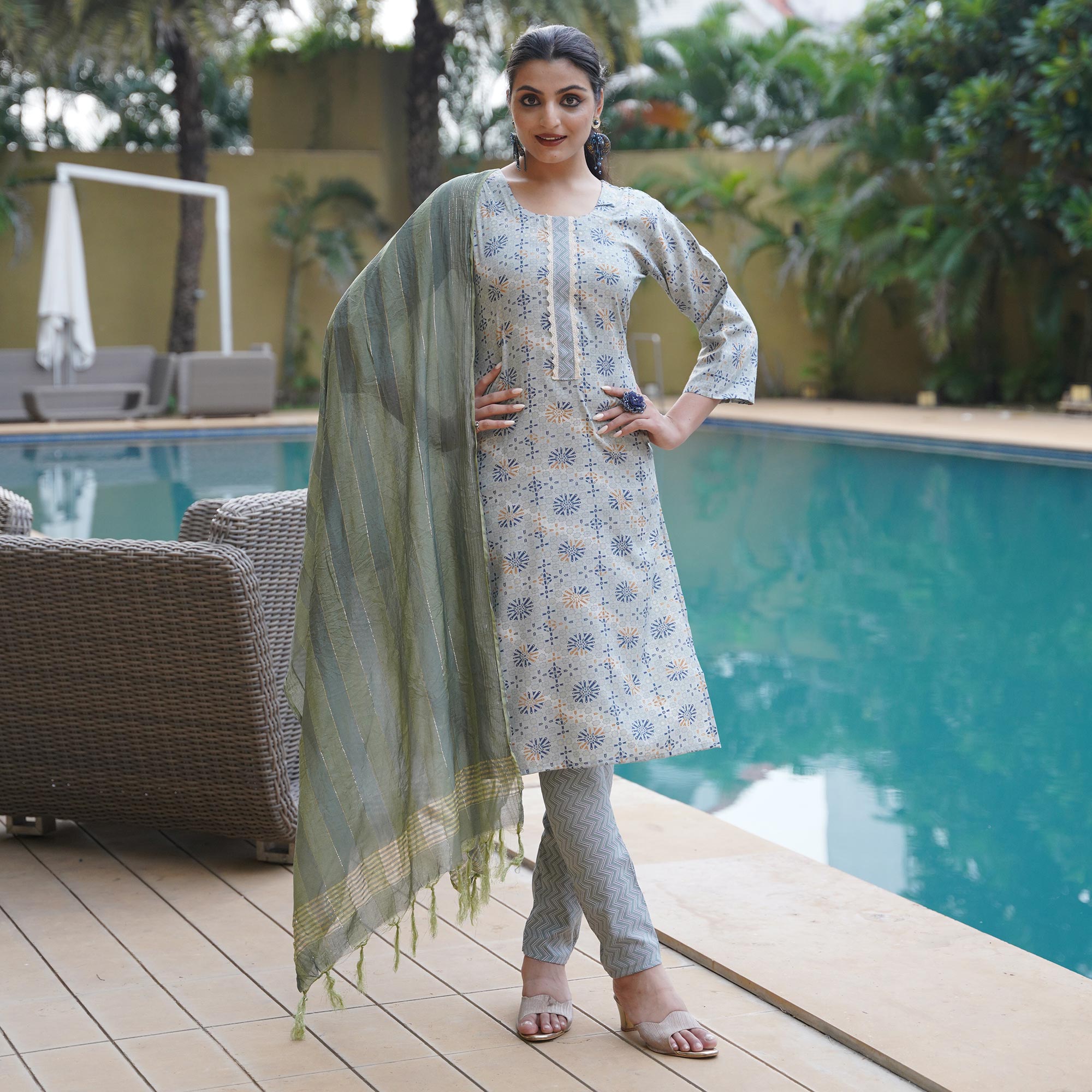 Grey Foil Printed Rayon Suit