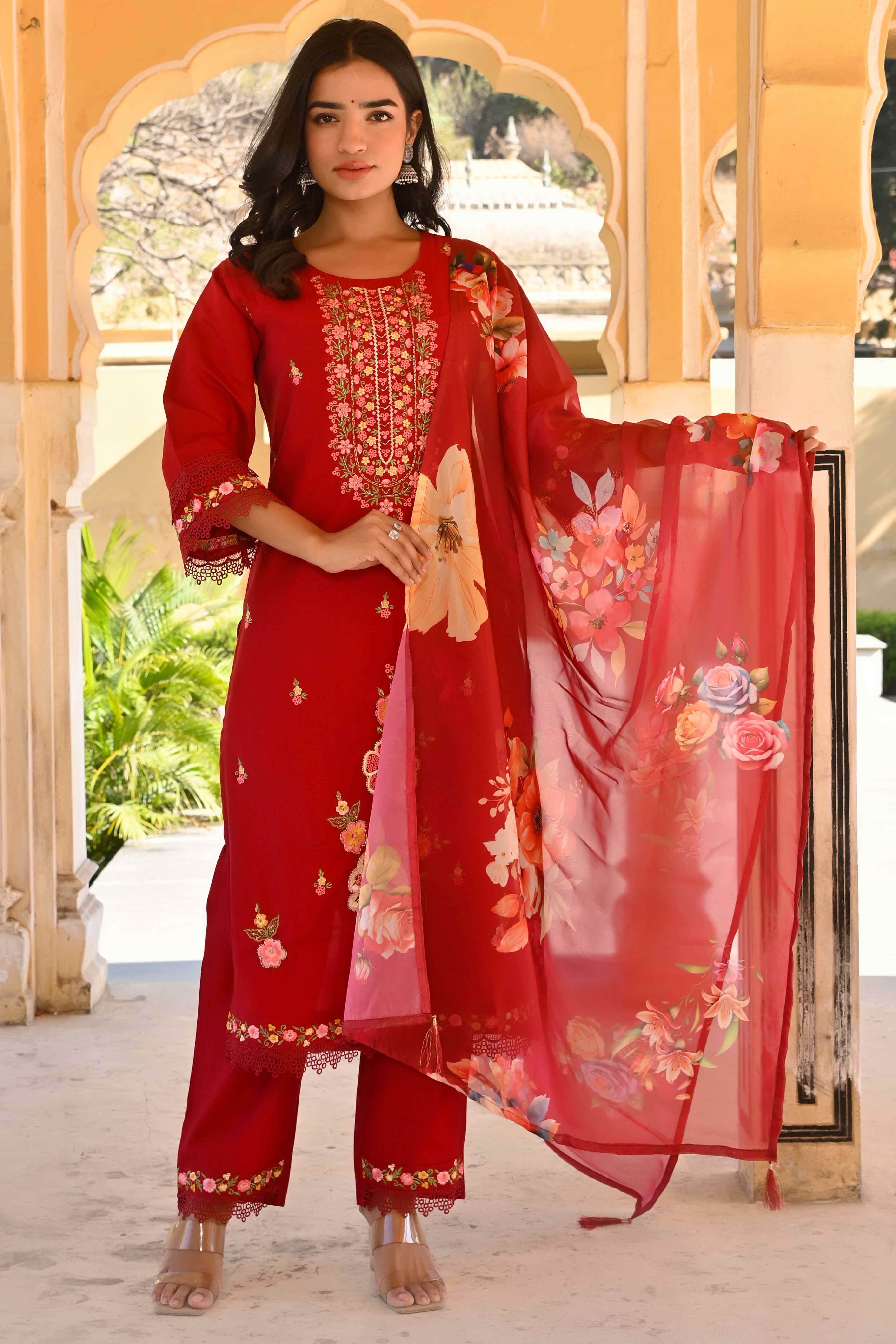 Maroon Floral Embroidered Chanderi Silk Salwar Suit
