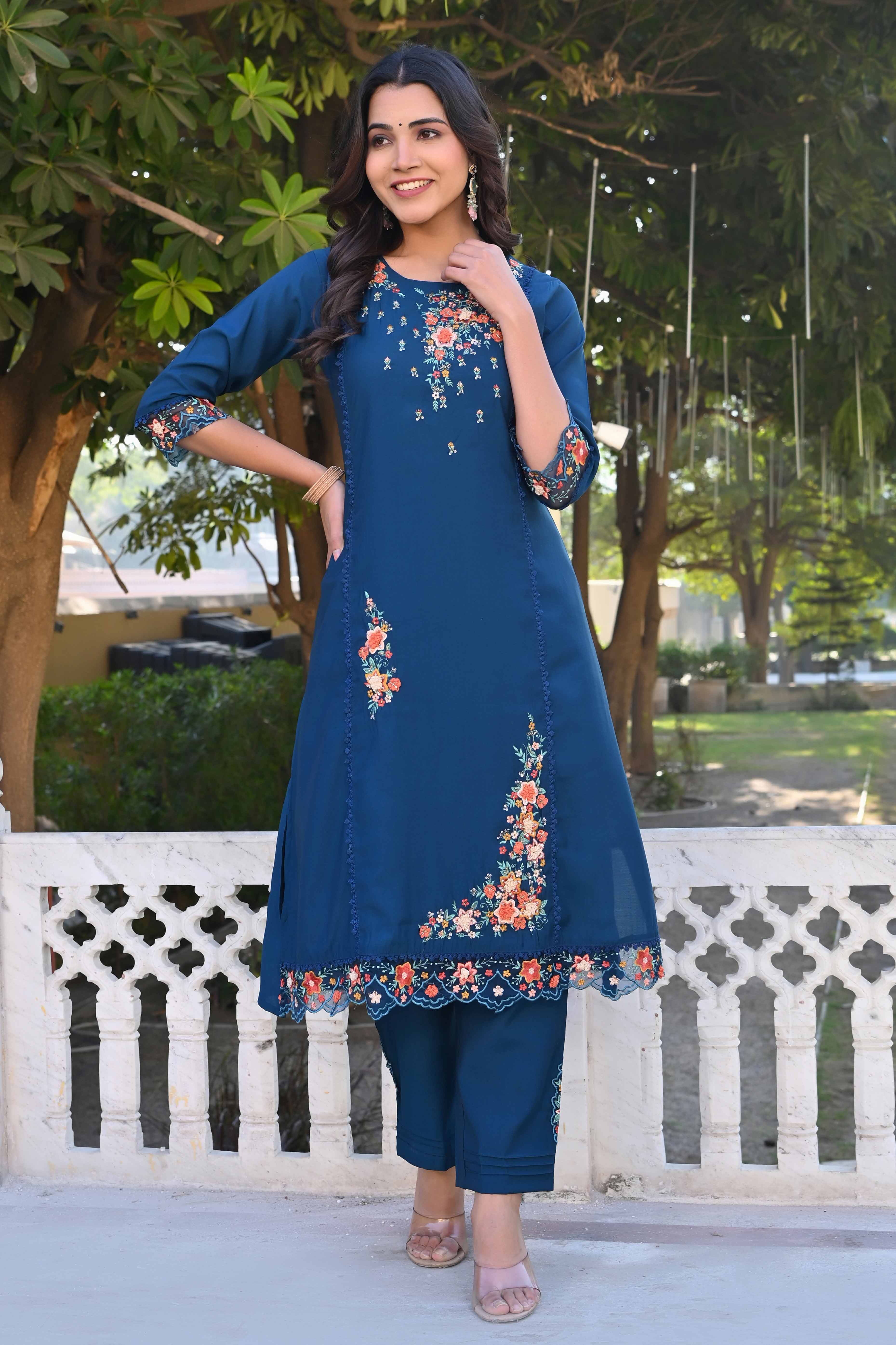 Navy Blue Floral Embroidery Handwork Viscose Salwar Suit