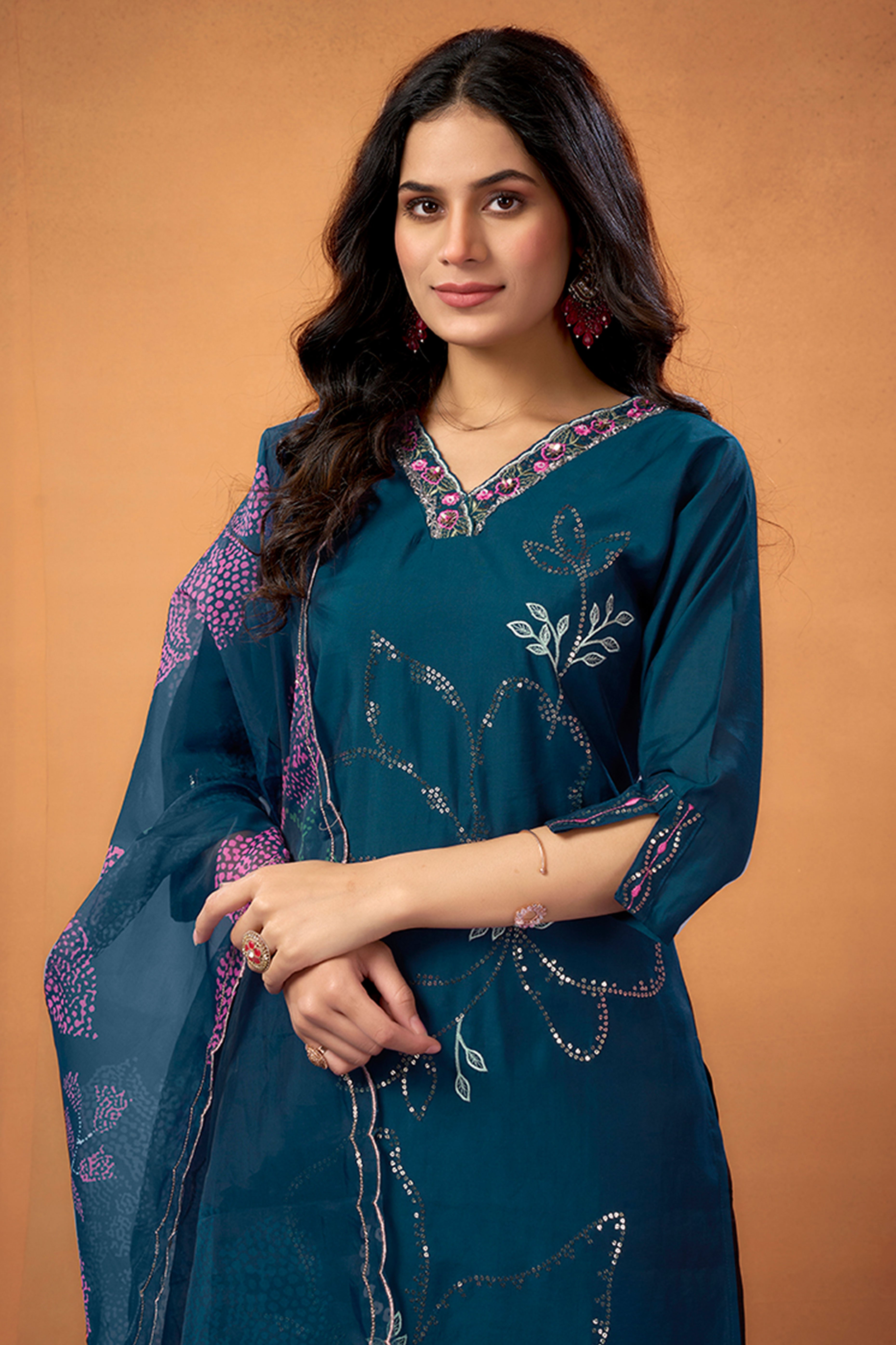 Blue Sequins Embroidered Chanderi Silk Straight Salwar Suit
