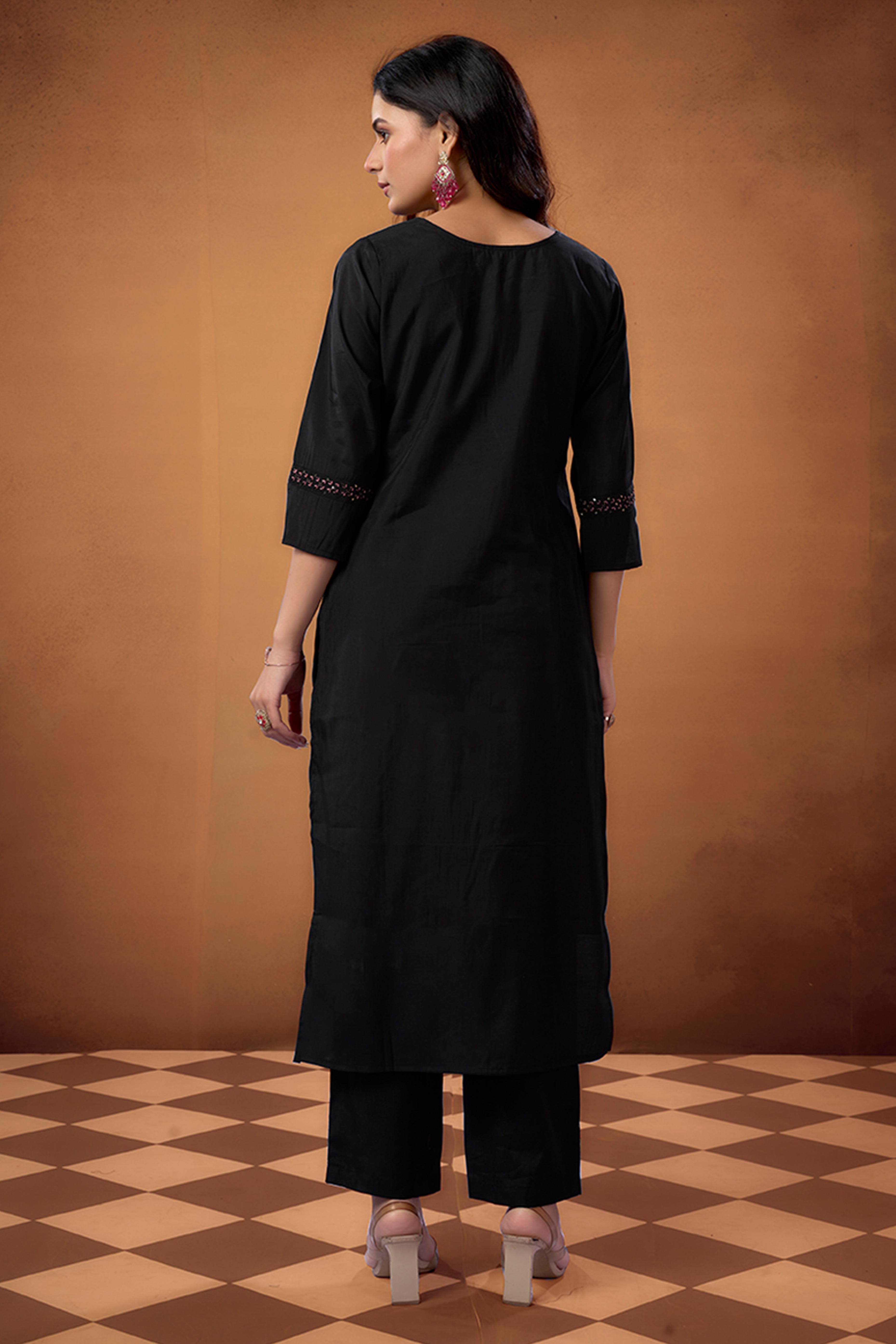 Black Sequins Embroidered Chanderi Silk Straight Salwar Suit