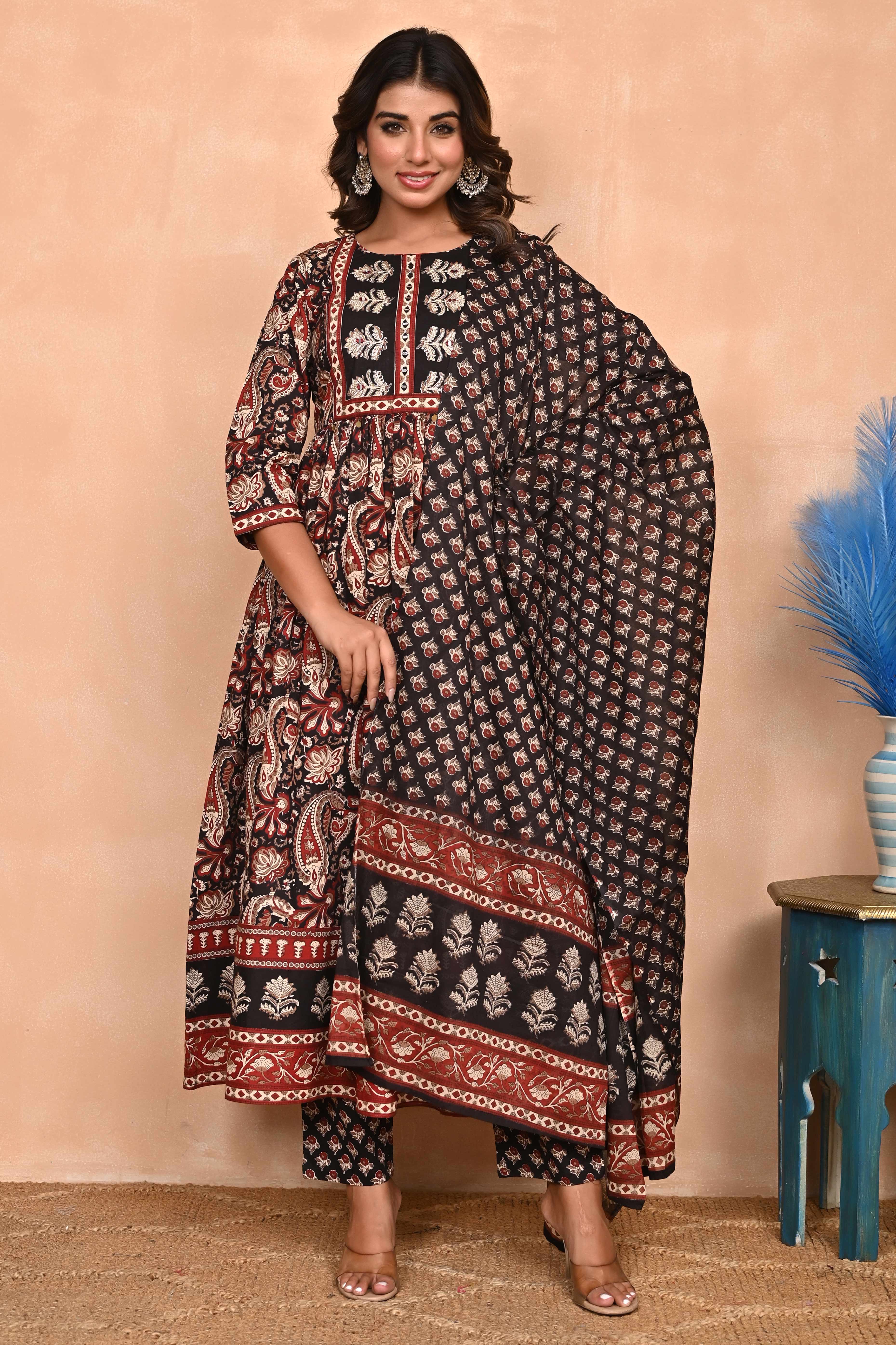 Regal Black Paisley Anarkali Suit in Breathable Cotton Fabric for Effortless Style