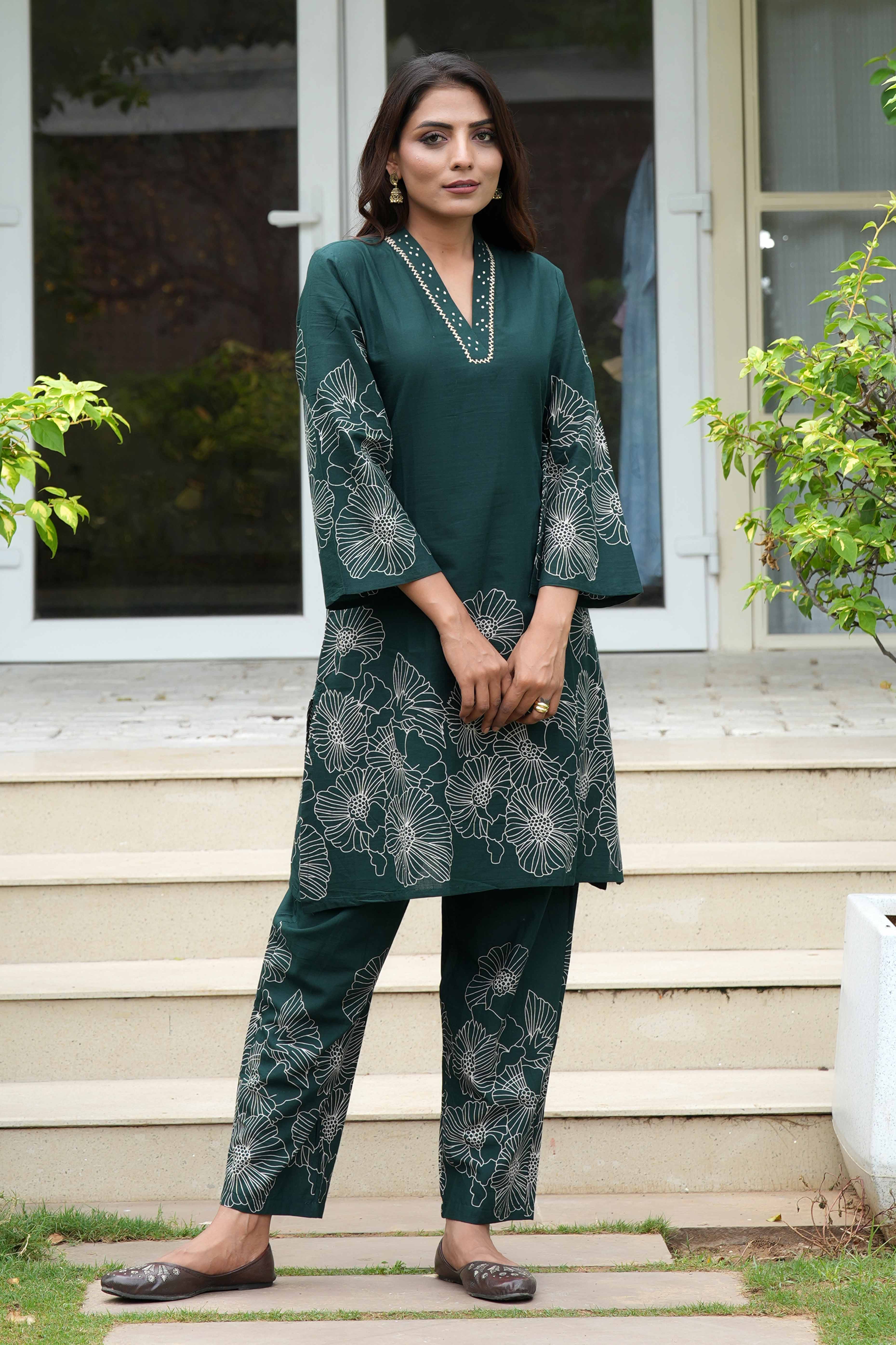 Stylish A-Line Cotton Co-Ord Set in Bottle Green with Floral Prints