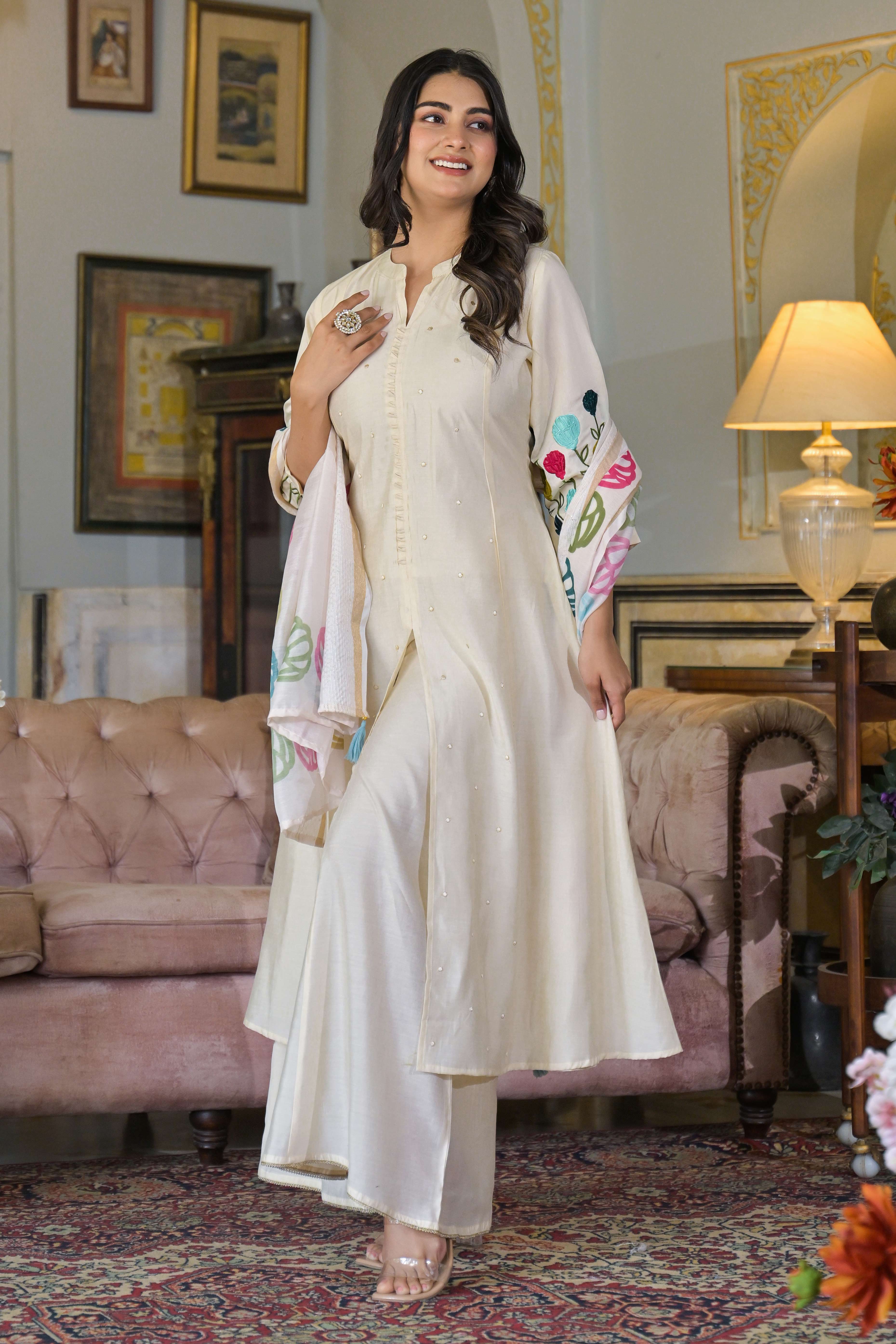 Cream Thread Embroidered Chanderi A-Line Salwar Suit