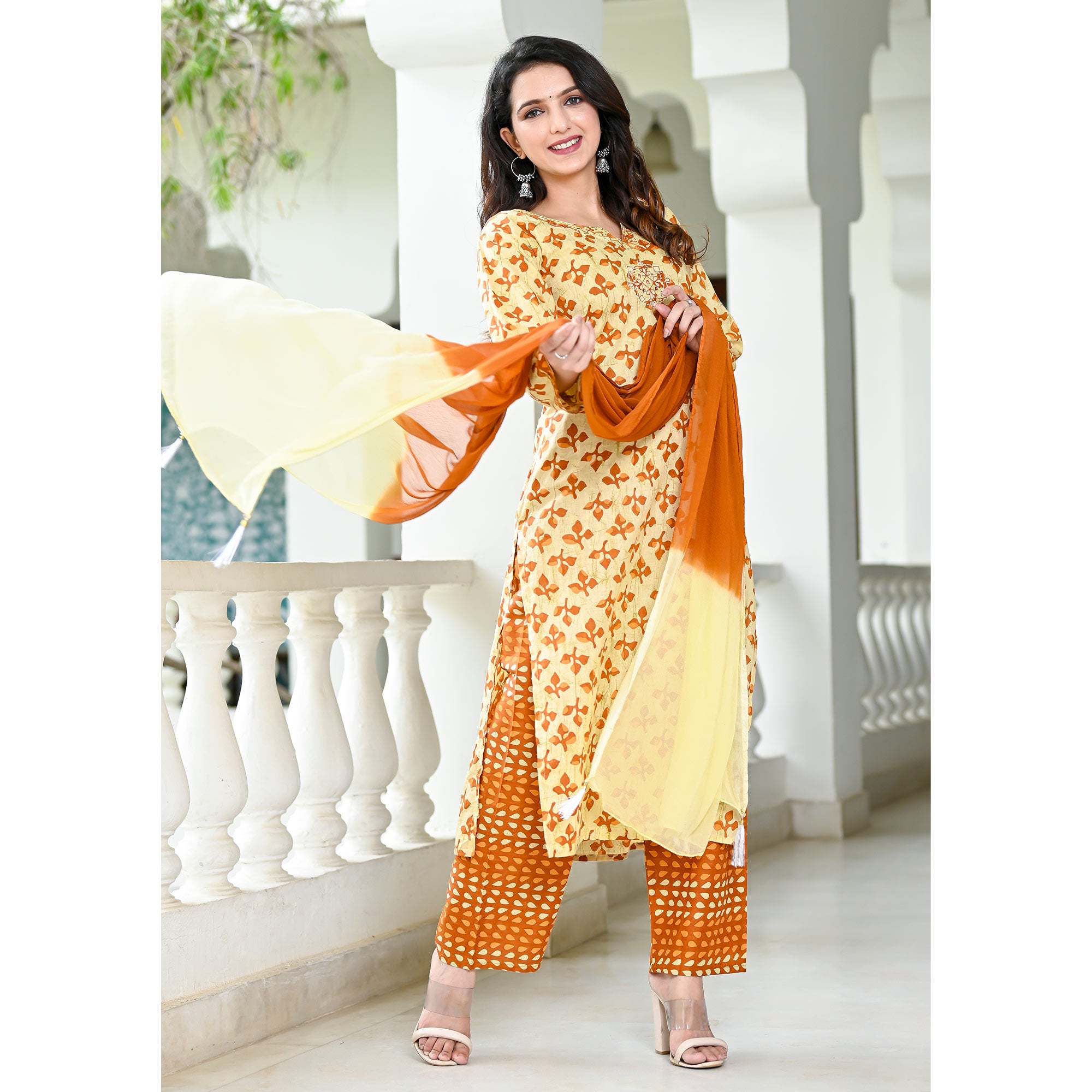 Cream Brown Floral Printed Pure Cotton Suit