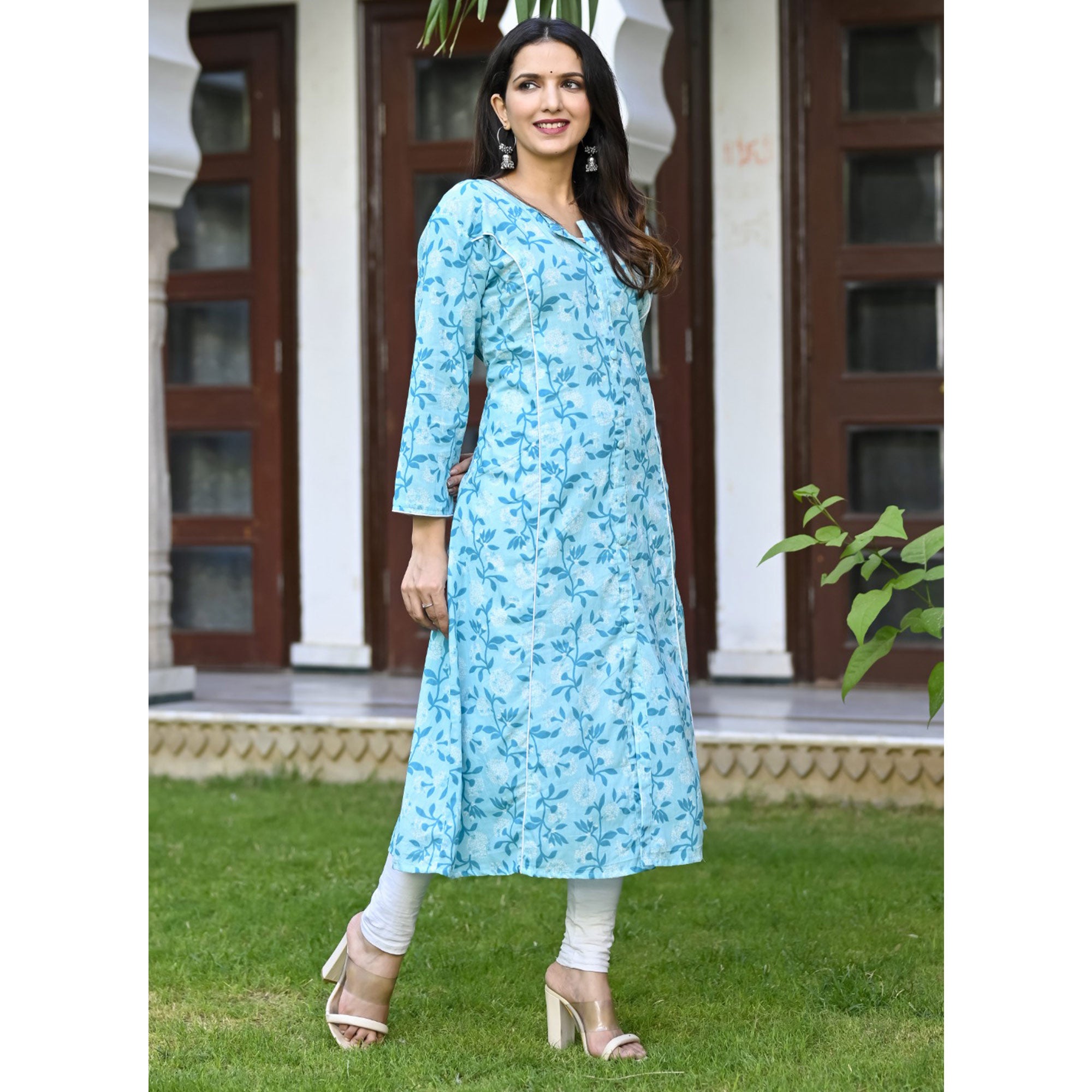 Blue Floral Printed Pure Cotton Kurti