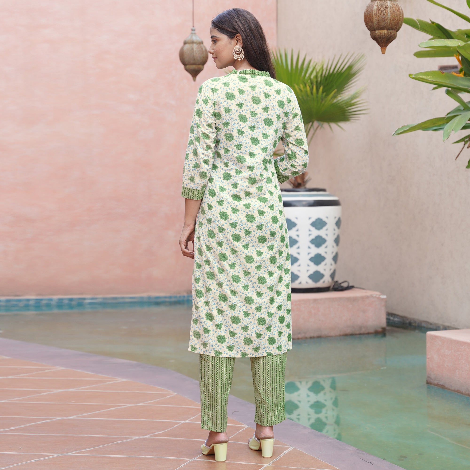 White & Green Floral Printed Pure Cotton Suit
