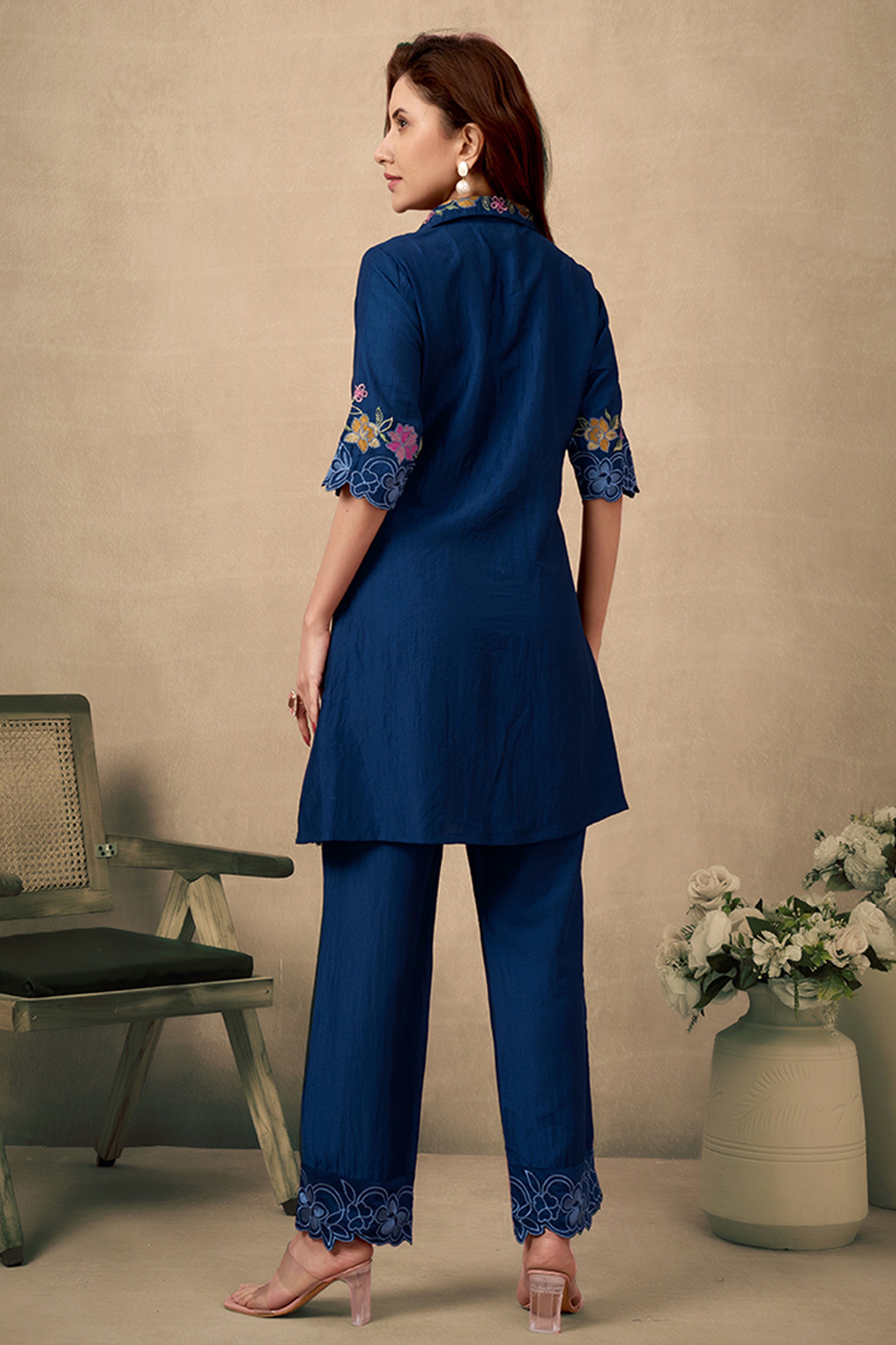 Ethereal Navy Blue Chinon Co-Ord Set with Floral Embroidery