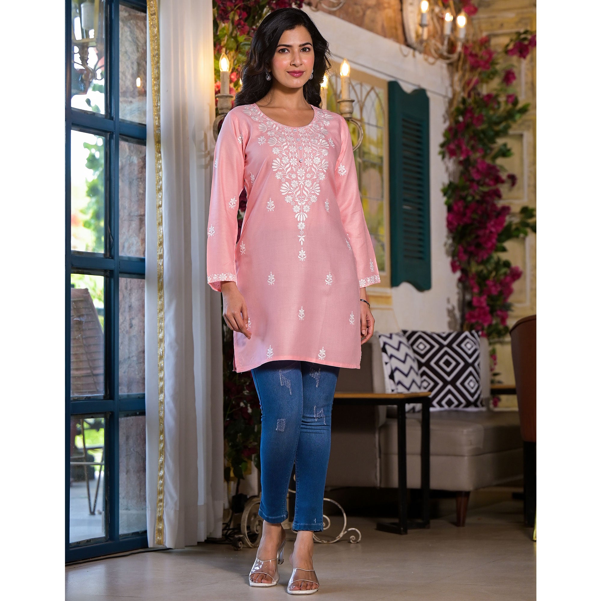 Peach Embroidered Rayon Straight Top