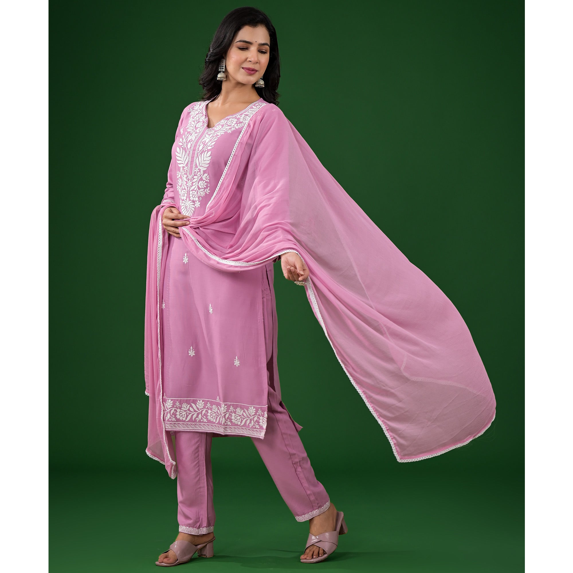 Pink Floral Embroidered Rayon Salwar Suit