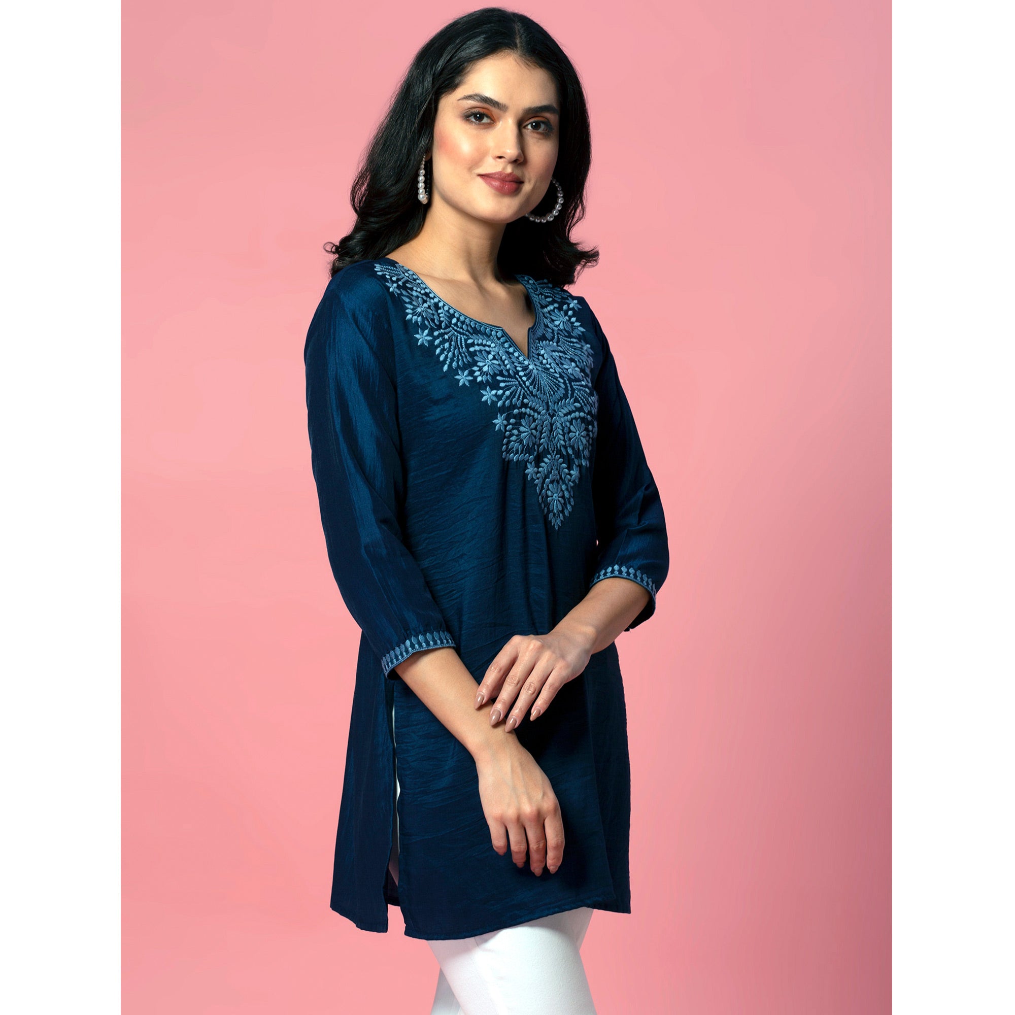 Dark Blue Embroidered Cotton Blend Top