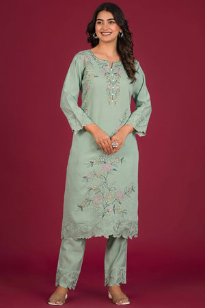 Pista Green Floral Embroidered Chanderi Top Bottom Set
