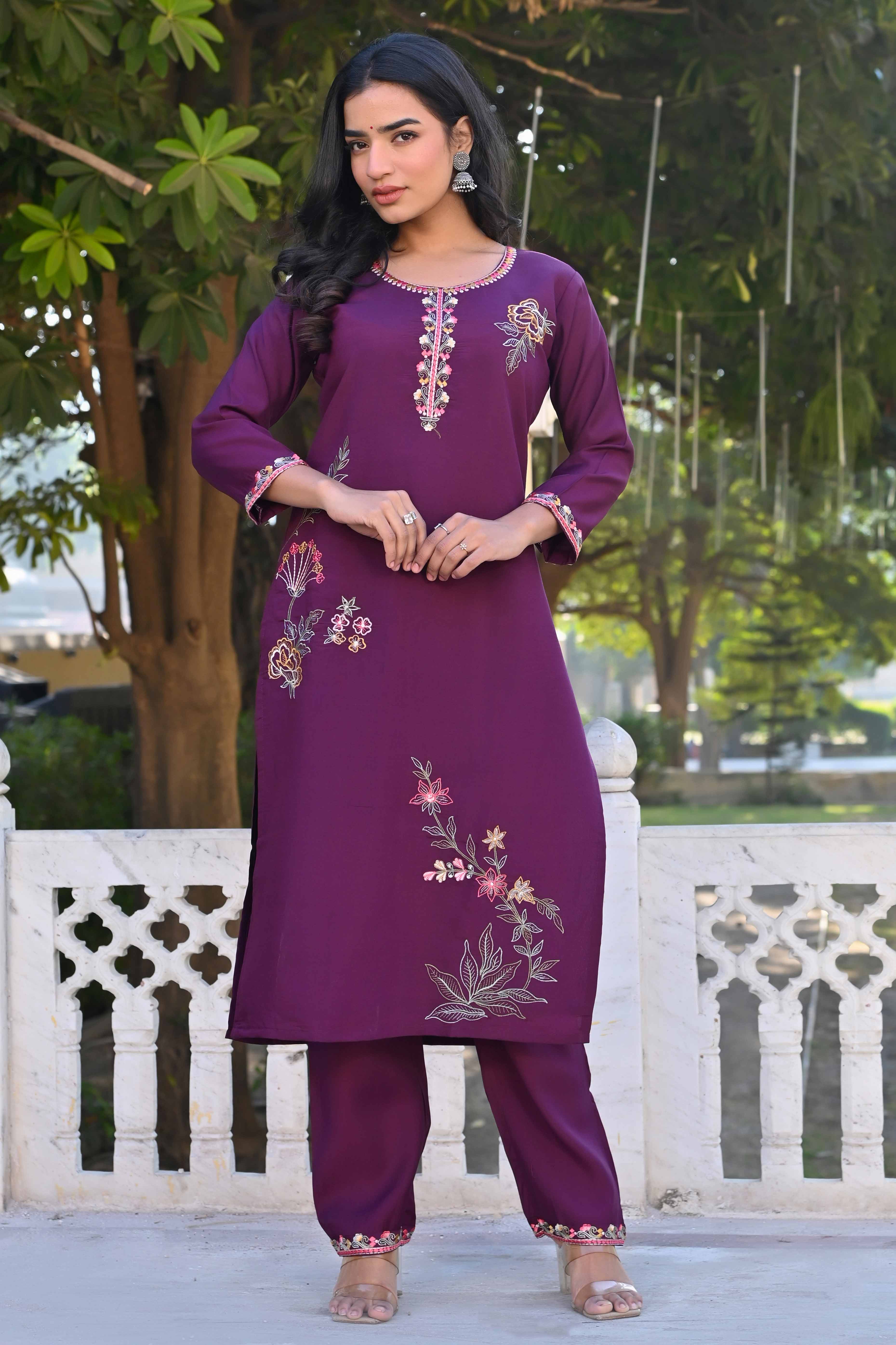 Dark Purple Floral Hand Work Viscose Straight Salwar Suit