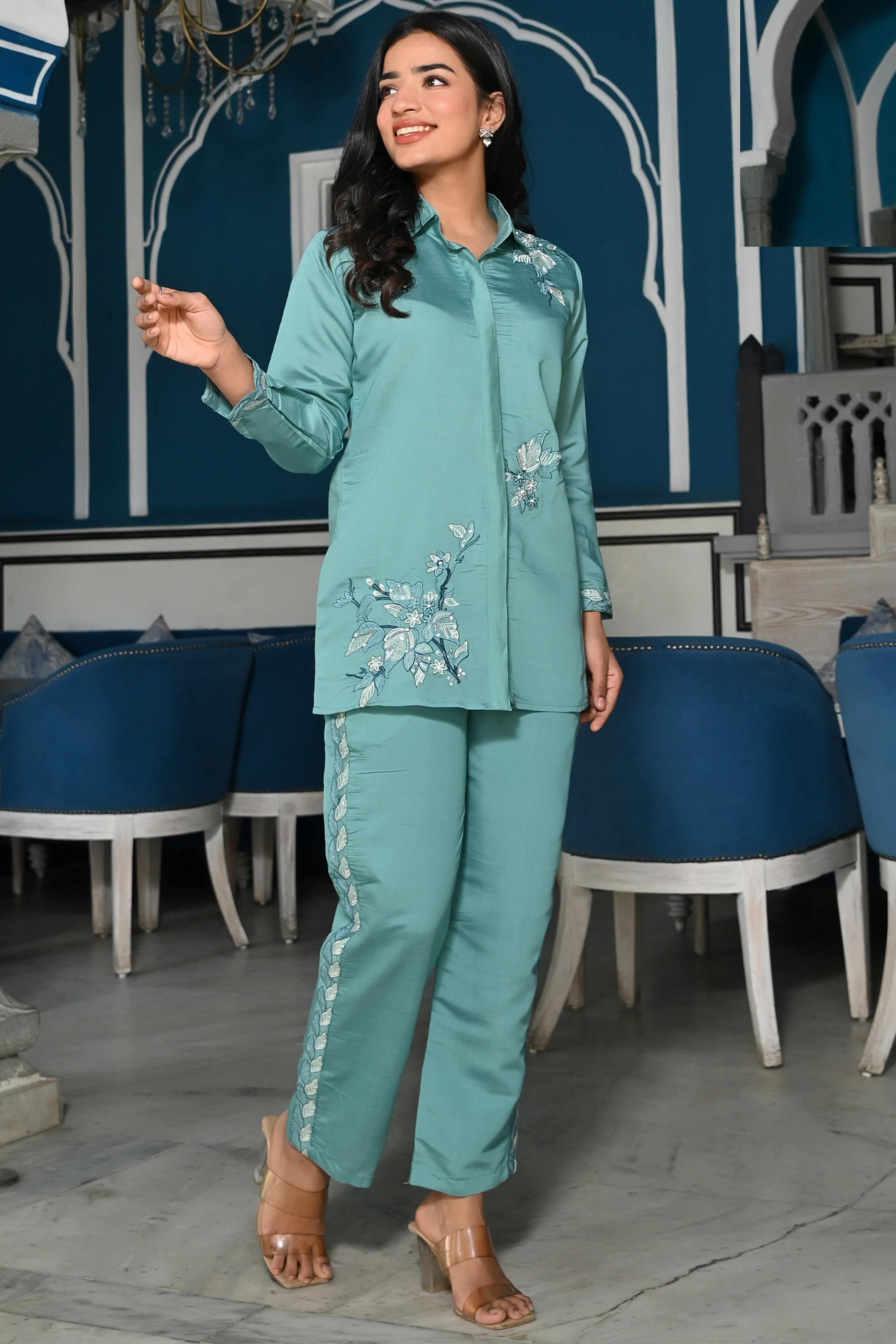 Sea Green Floral Hand Work Embroidered Chanderi Co-Ord Set