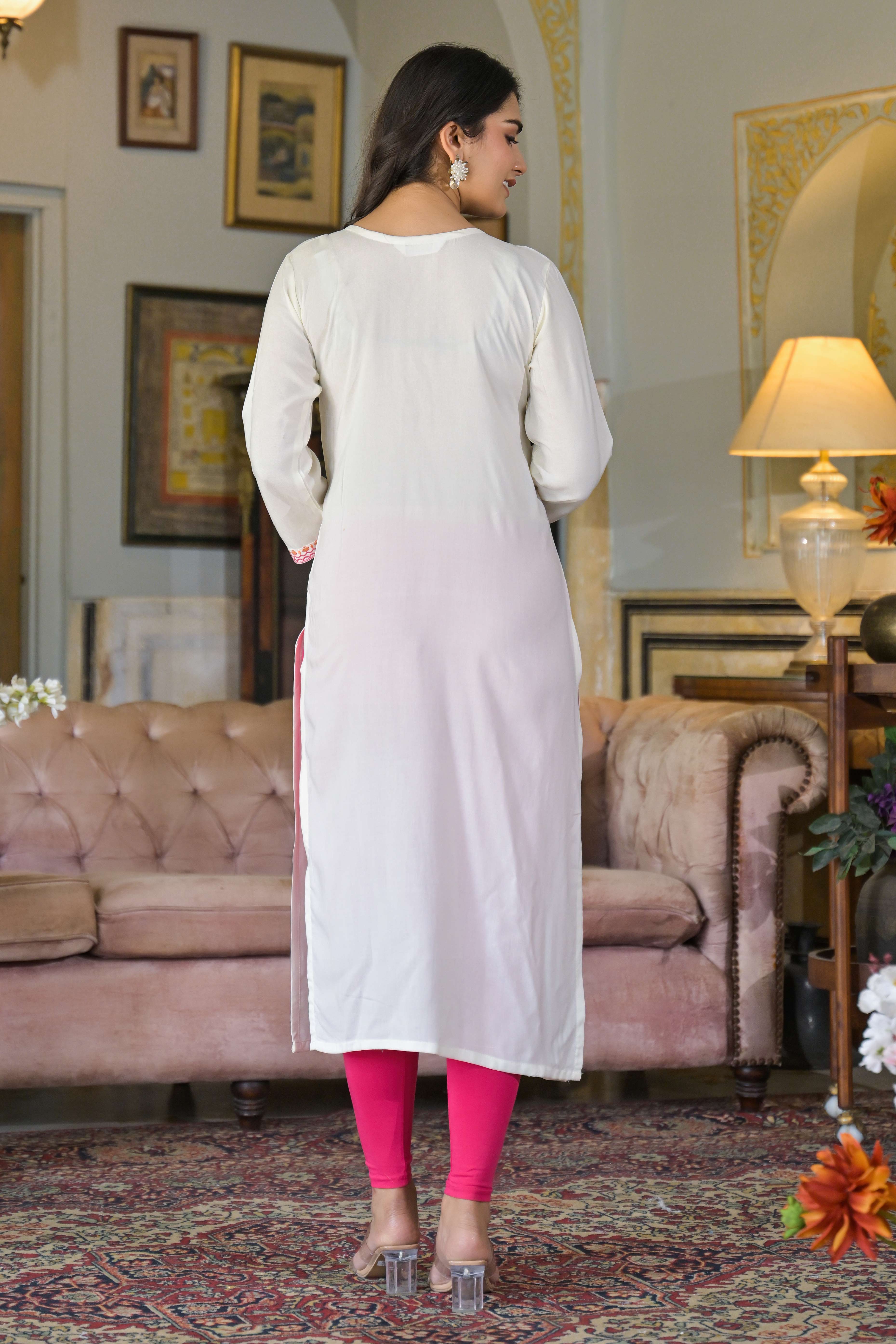 White Floral Embroidered Viscose Rayon Straight Kurti